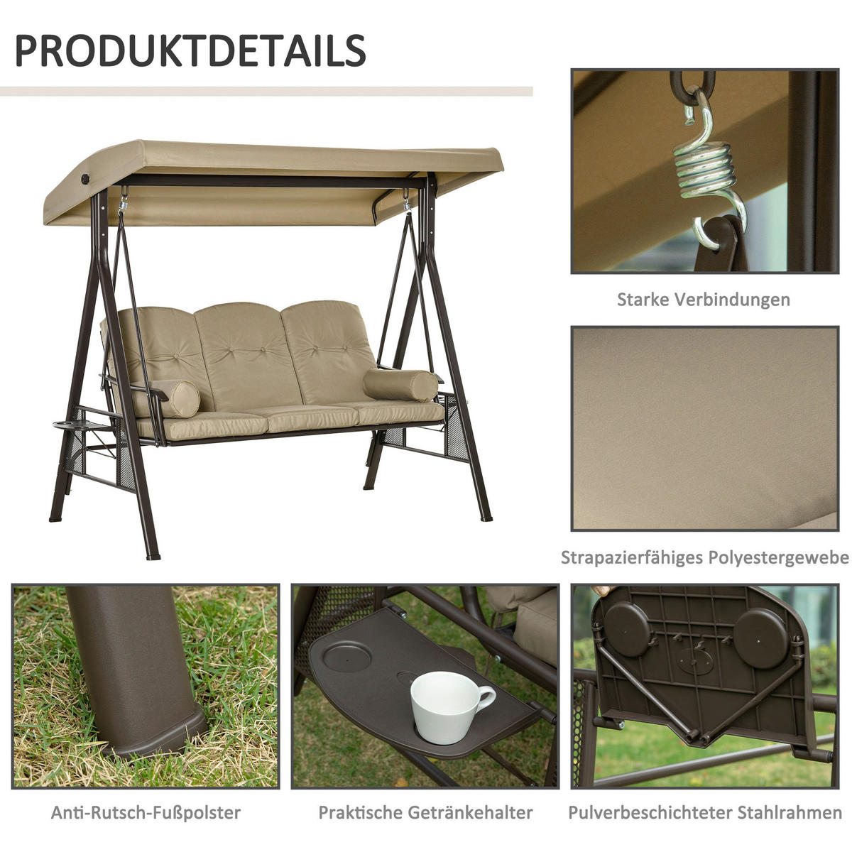 Outsunny Hollywoodschaukel khaki Polyester B/H/L: ca. 206x183x116 cm Hollywoodschaukel - khaki (116,00/206,00/183,00cm) - Outsunny