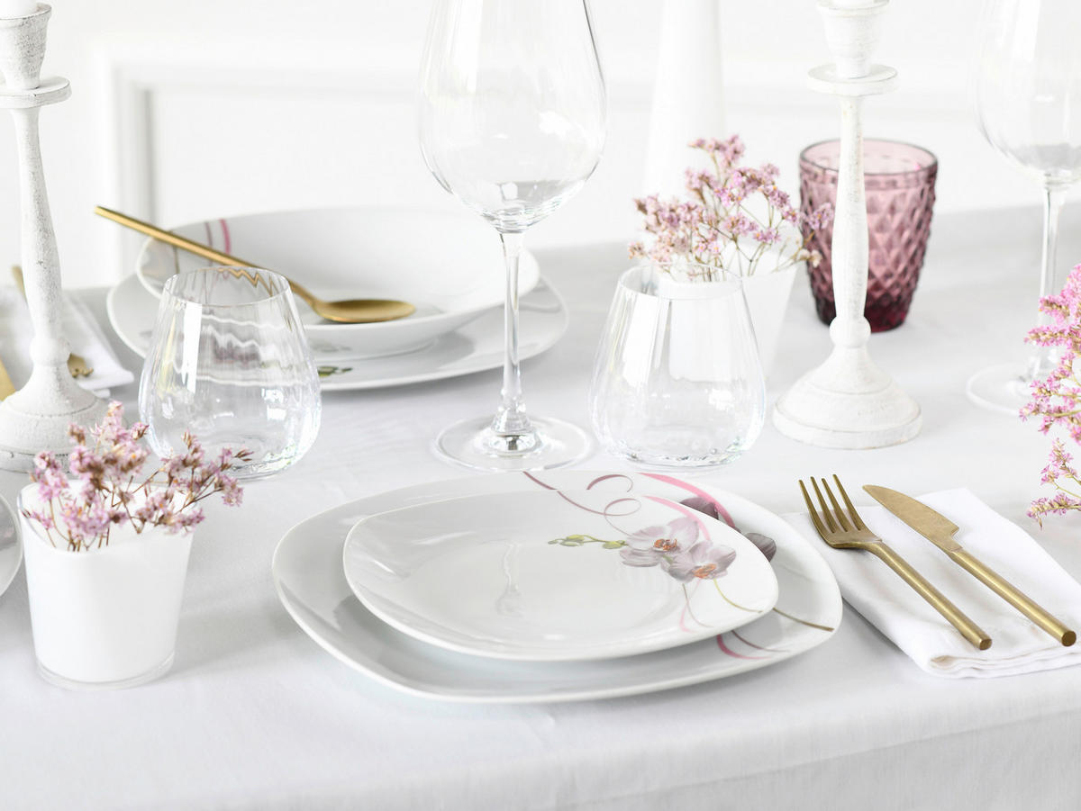 CreaTable Tellerset Square Orchidee weiß Porzellan Square Orchidee - weiß/mauve - CreaTable