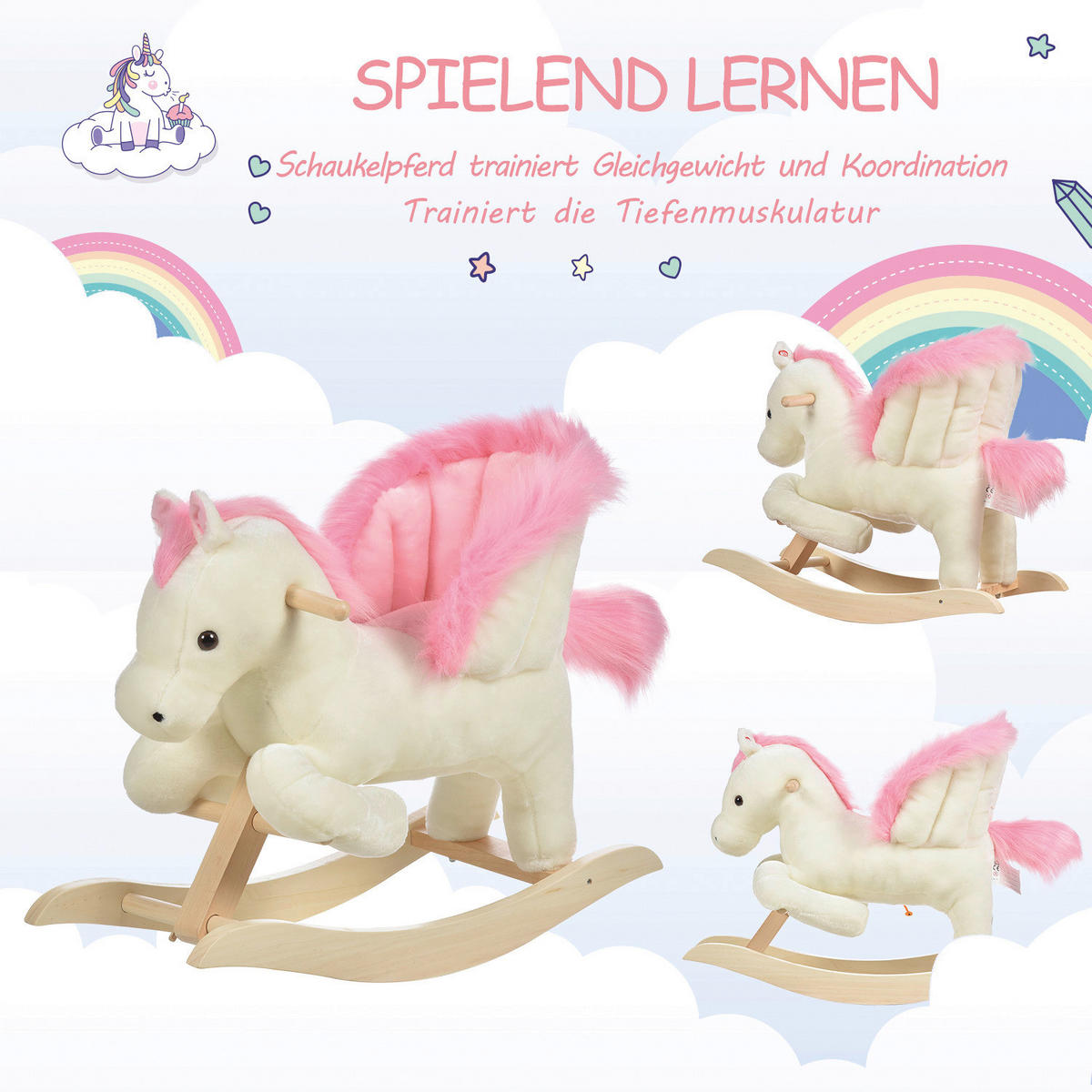 HOMCOM Kinder-Schaukelpferd B/H/L: ca. 28x57x70 cm Schaukelpferd - weiß/rosa (70,00/28,00/57,00cm) - HOMCOM