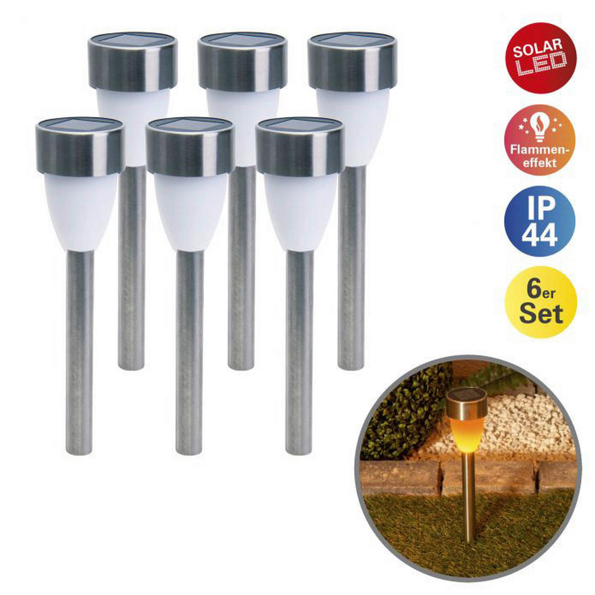 LED-Solarleuchte 6er-Set NV4135006 Edelstahloptik Edelstahl Kunststoff B/H/T: ca. 6x37x6 cm LED-Solarleuchte 6er-Set - Edelstahloptik (6,00/37,00/6,00cm) - Näve Leuchten