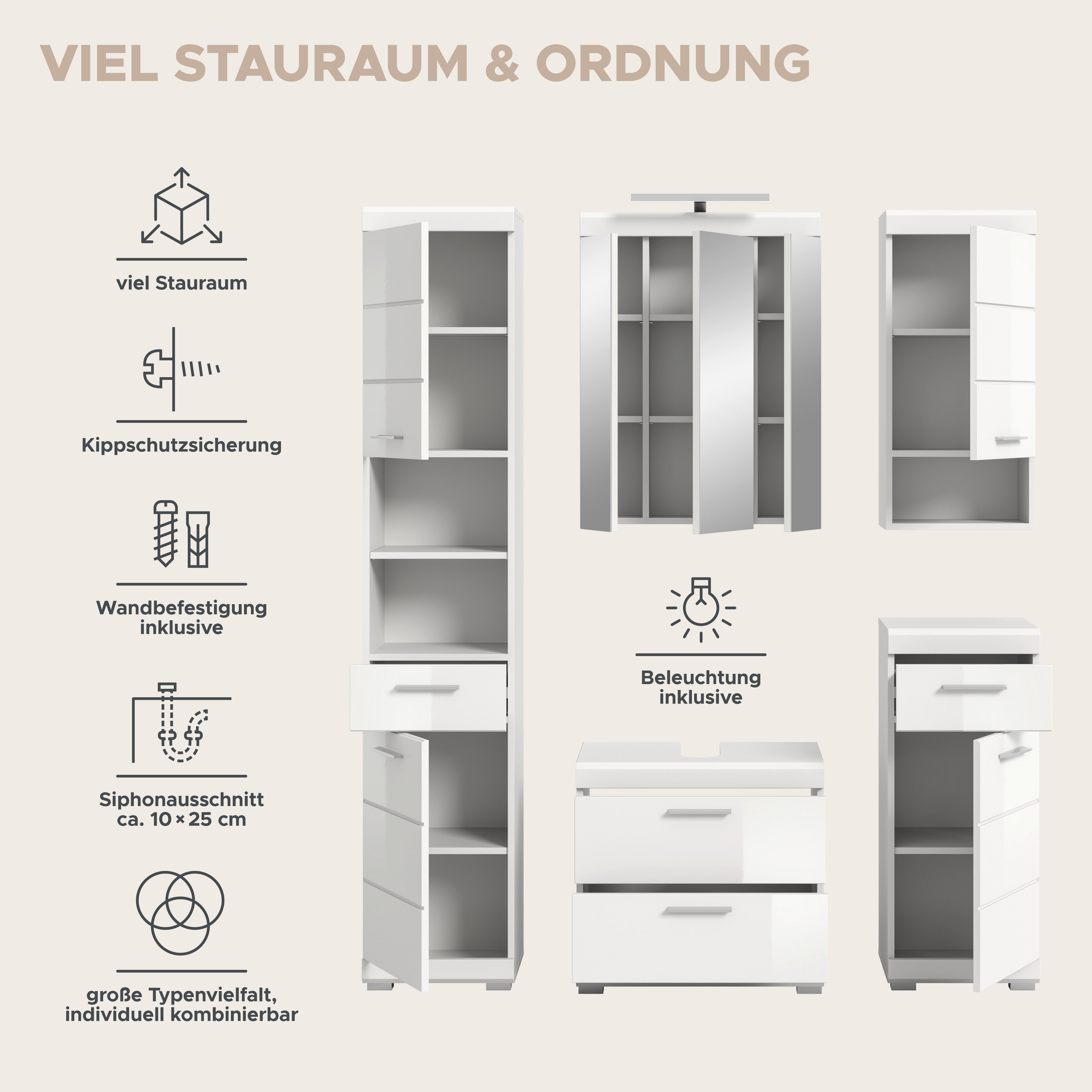 Thumbnail - Badezimmer-Set Scout weiß weiß Hochglanz B/H/T: ca. 164x191x37 cm