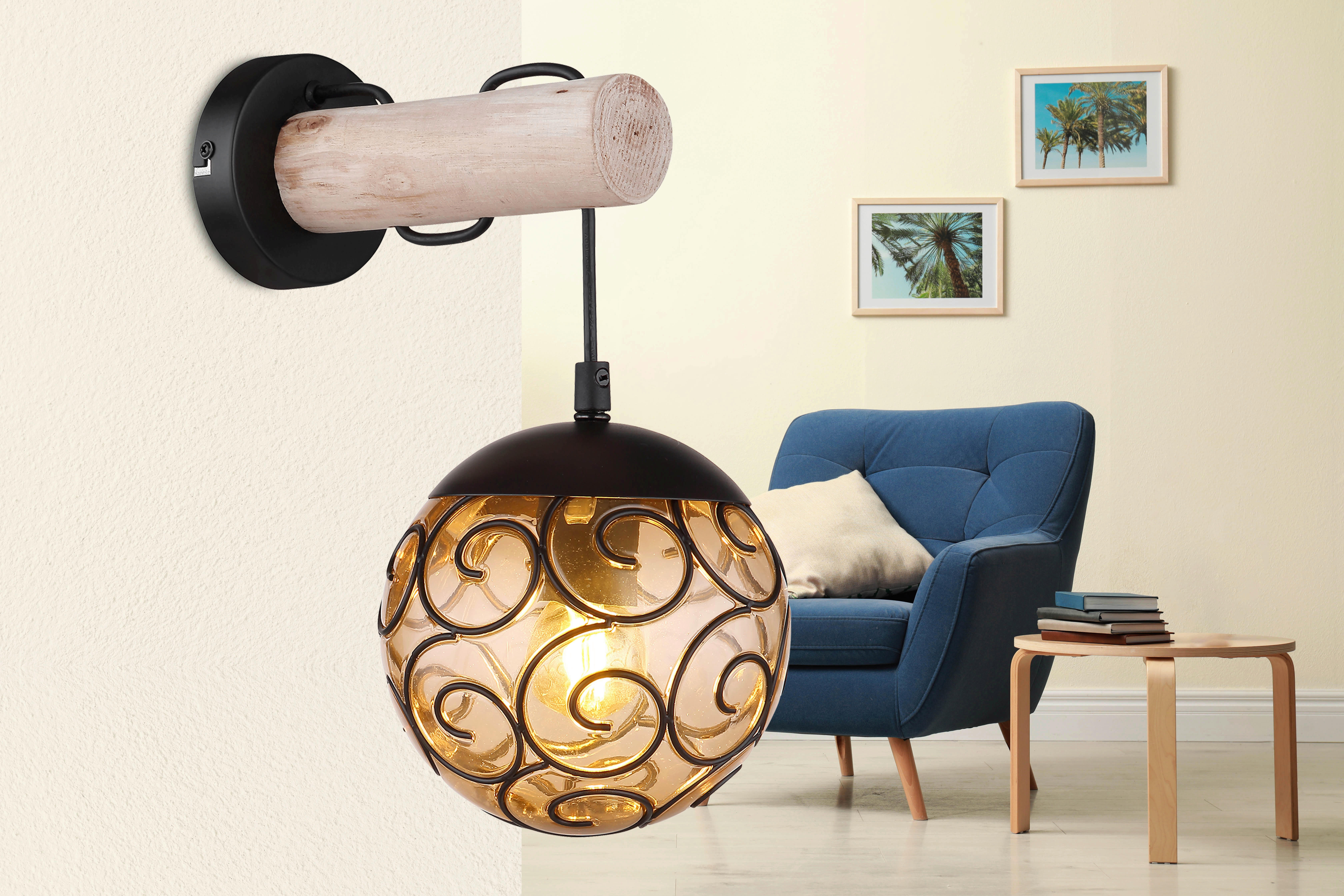 GLOBO Wandleuchte amber schwarz Metall Kunststoff B/H: ca. 15x36 cm E27 1 Brennstellen MAXI - schwarz/amber (15,00/36,00cm) - GLOBO