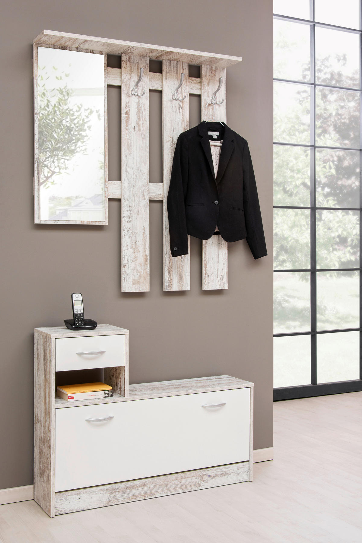 Garderobe Rudolf Eiche Vintage Optik weiß B/H/T: ca. 100x180x25 cm Rudolf - Eiche/weiß (100,00/180,00/25,00cm)