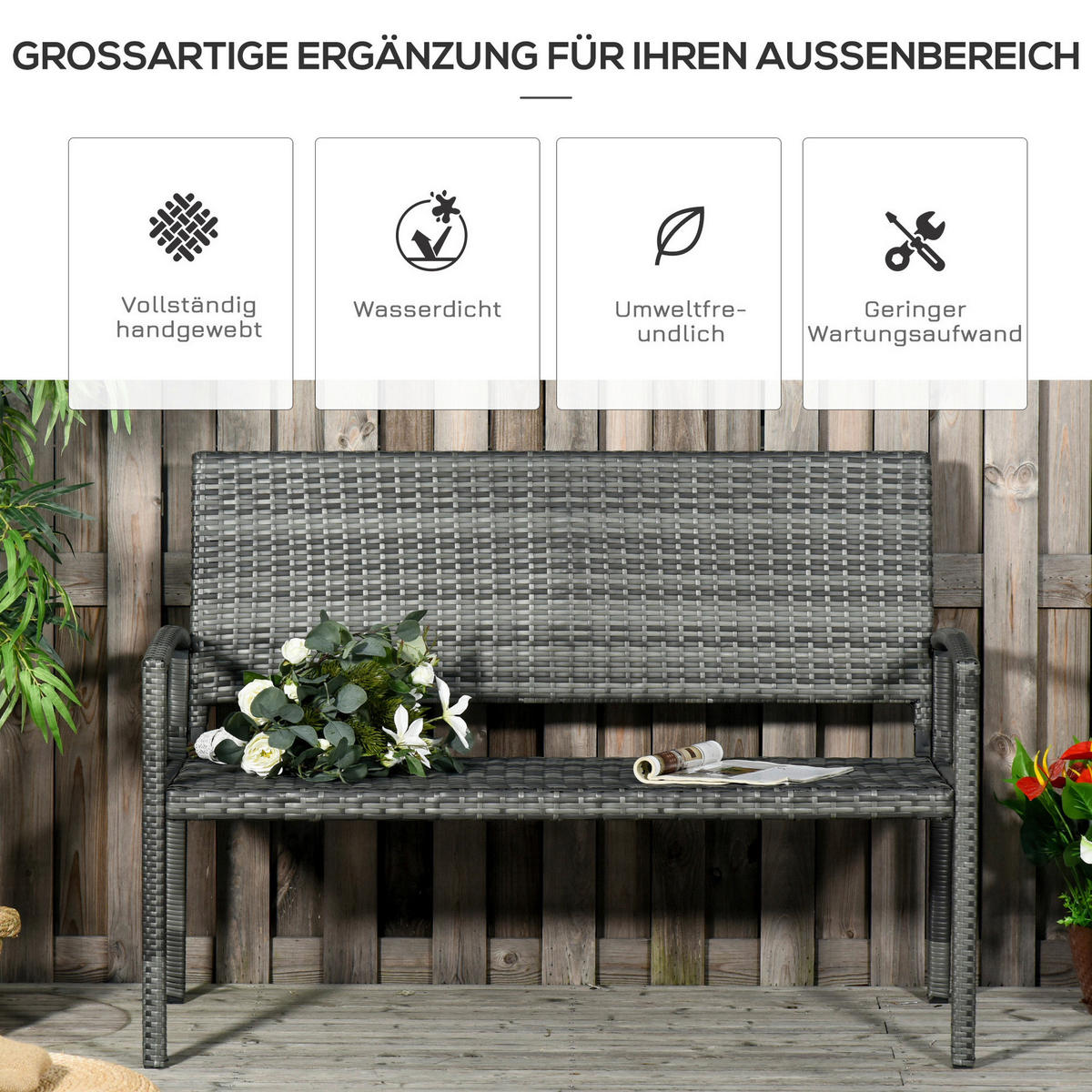 Outsunny Gartenbank grau Polyrattan B/H/L: ca. 60x122x85 cm Gartenbank - grau (85,00/60,00/122,00cm) - Outsunny