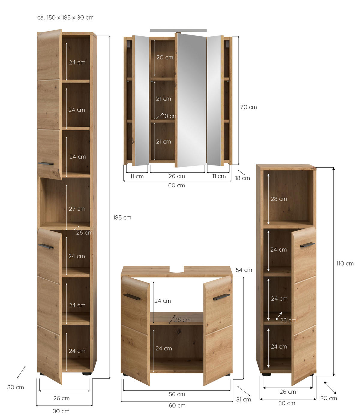 Badezimmer-Set Ice Artisan Oak Nachbildung B/H/T: ca. 150x185x46 cm Ice - (150,00/185,00/46,00cm) - xonox.home