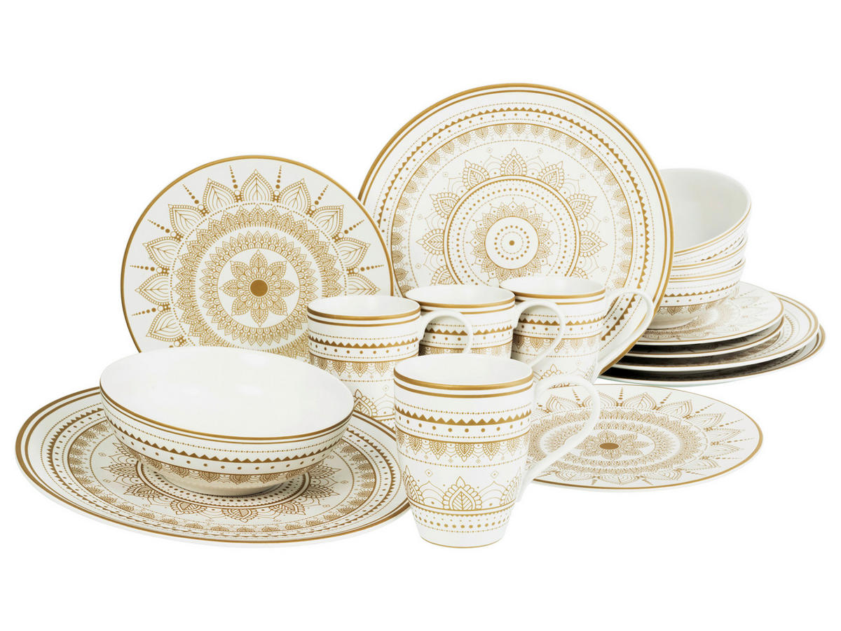 CreaTable Kombiservice MANDALA GOLD weiß Steinzeug 16 tlg. MANDALA GOLD - gold/weiß - CreaTable