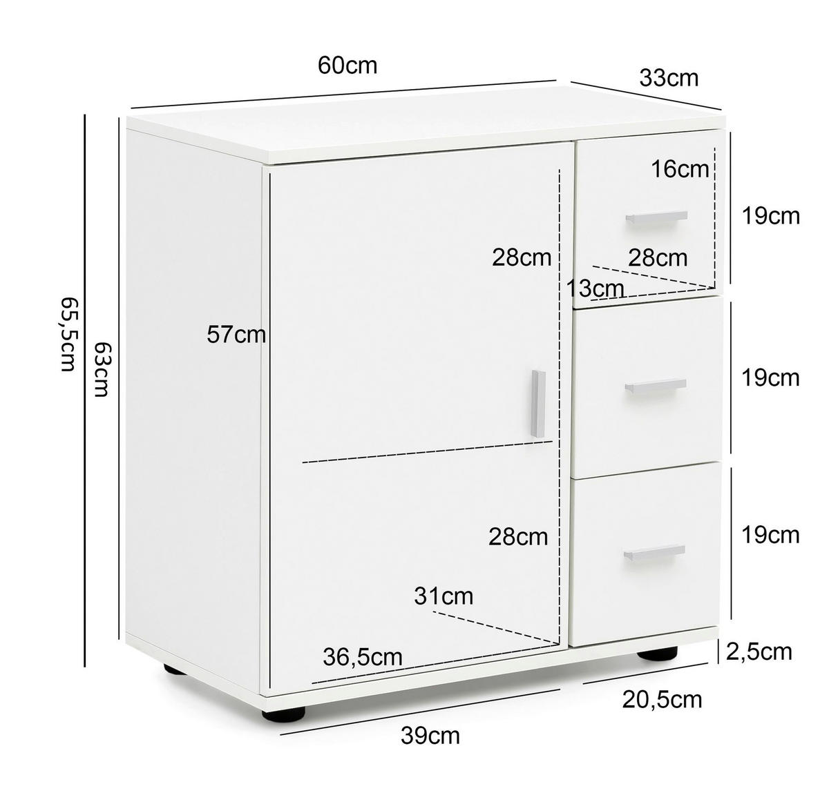 Badkommode weiß B/H/T: ca. 33x66x60 cm Badschrank - weiß (33,00/66,00/60,00cm) - Wohnling