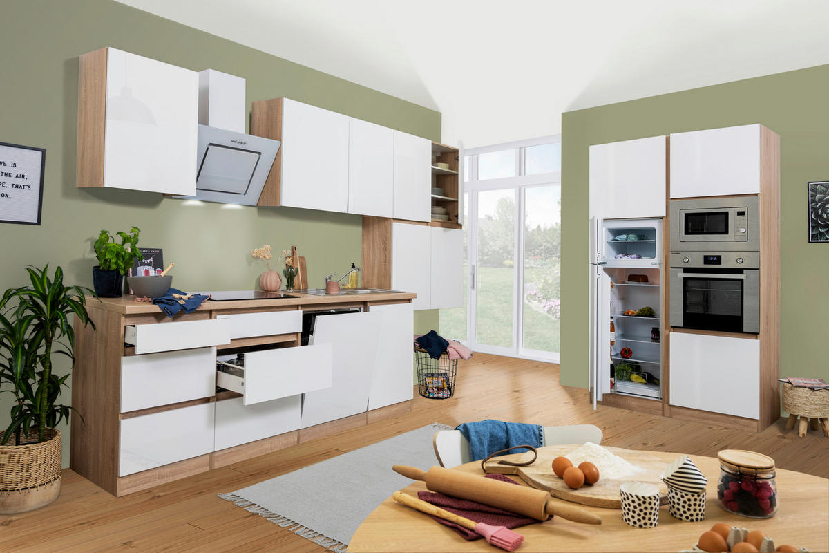 Respekta Küchenblock Premium weiß hochglänzend B/H/T: ca. 445x220,5x60 cm Premium - Eiche/weiß (445,00/220,50/60,00cm) - Respekta