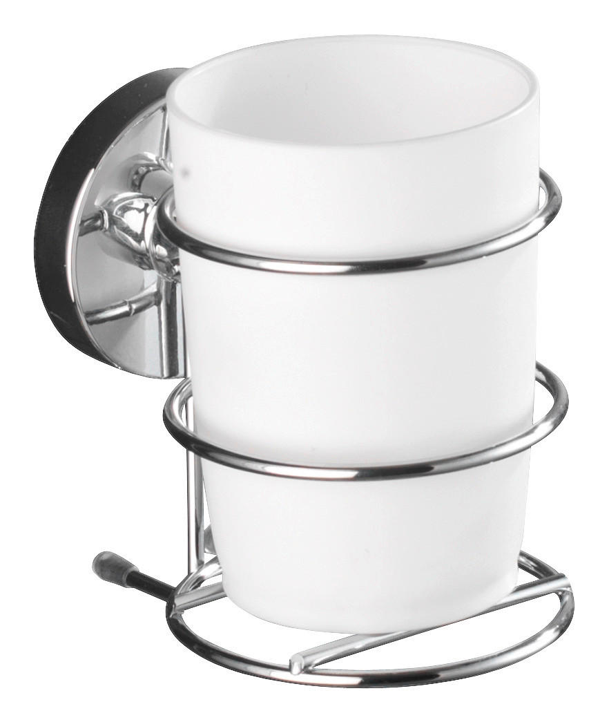 Zahnputzbecher mit Halterung Chrom Stahl B/H/L: ca. 7,5x11,5x9,5 cm Zahnputzbecher+Halter_Vacuum-Loc - weiß/Chrom (9,50/7,50/11,50cm) - Wenko