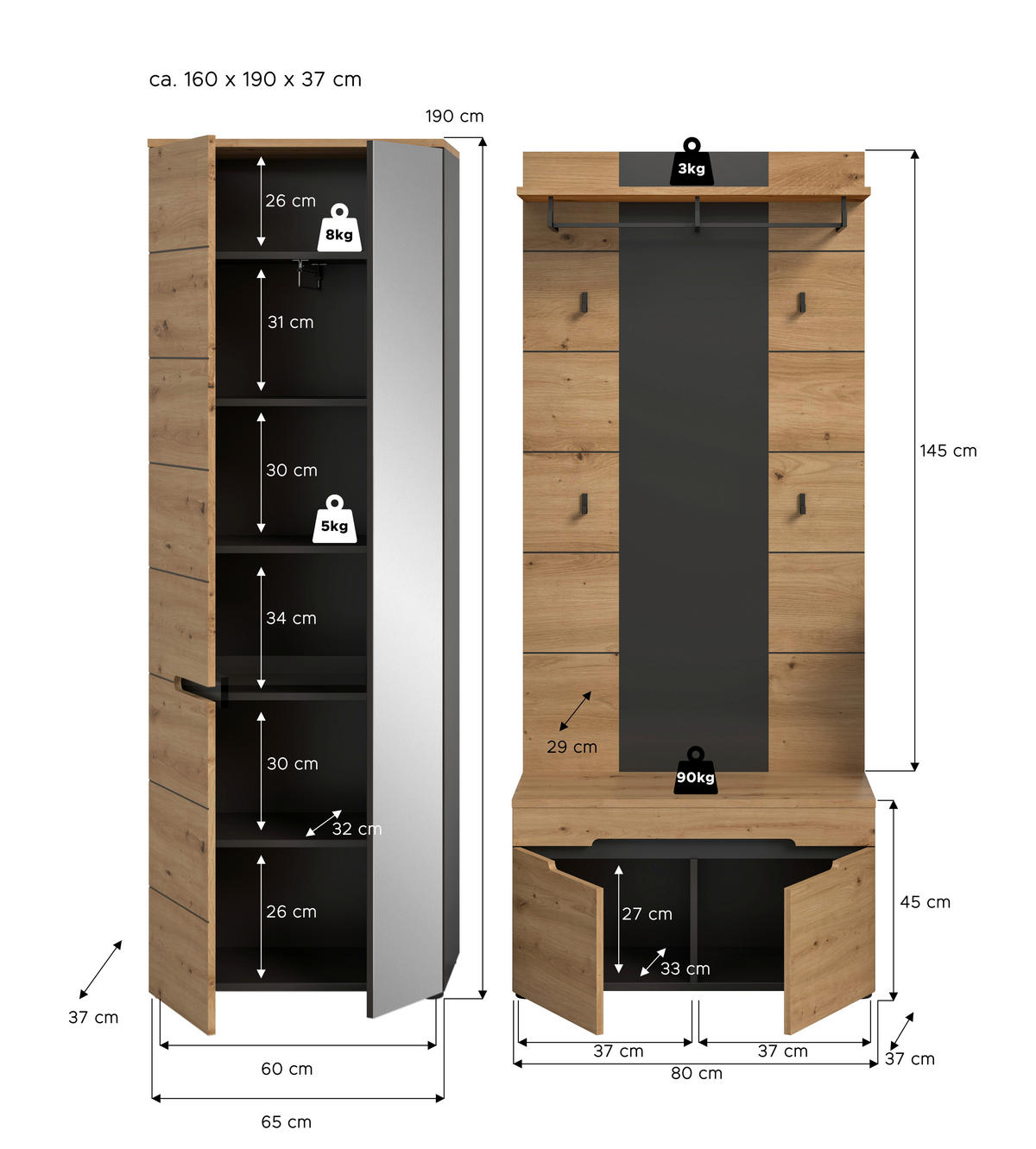 Garderobe Canu basaltgrau Nachbildung Artisan Nachbildung B/H/T: ca. 160x190x37 cm Canu - basaltgrau (160,00/190,00/37,00cm) - xonox.home