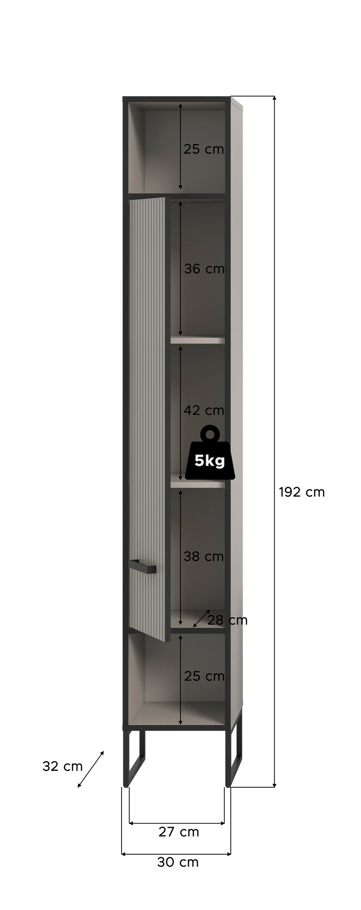 Badhochschrank BAGNO schwarz Kaschmirgrau Nachbildung B/H/T: ca. 30x192x32 cm BAGNO - schwarz (30,00/192,00/32,00cm) - xonox.home