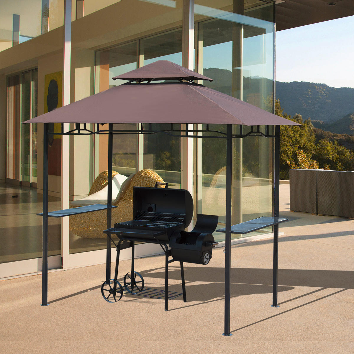 Outsunny Gartenpavillon café braun Stahl B/H/L: ca. 150x255x245 cm Grillpavillon_mit_Doppeldach - café braun/schwarz (245,00/150,00/255,00cm) - Outsunny