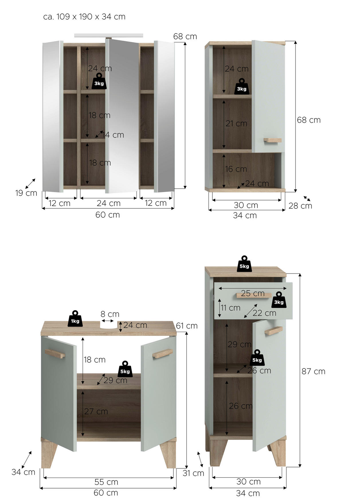 Badezimmer-Set STAR hellgrün Eiche hell Nachbildung B/H/T: ca. 109x190x34 cm STAR - hellgrün (109,00/190,00/34,00cm) - xonox.home