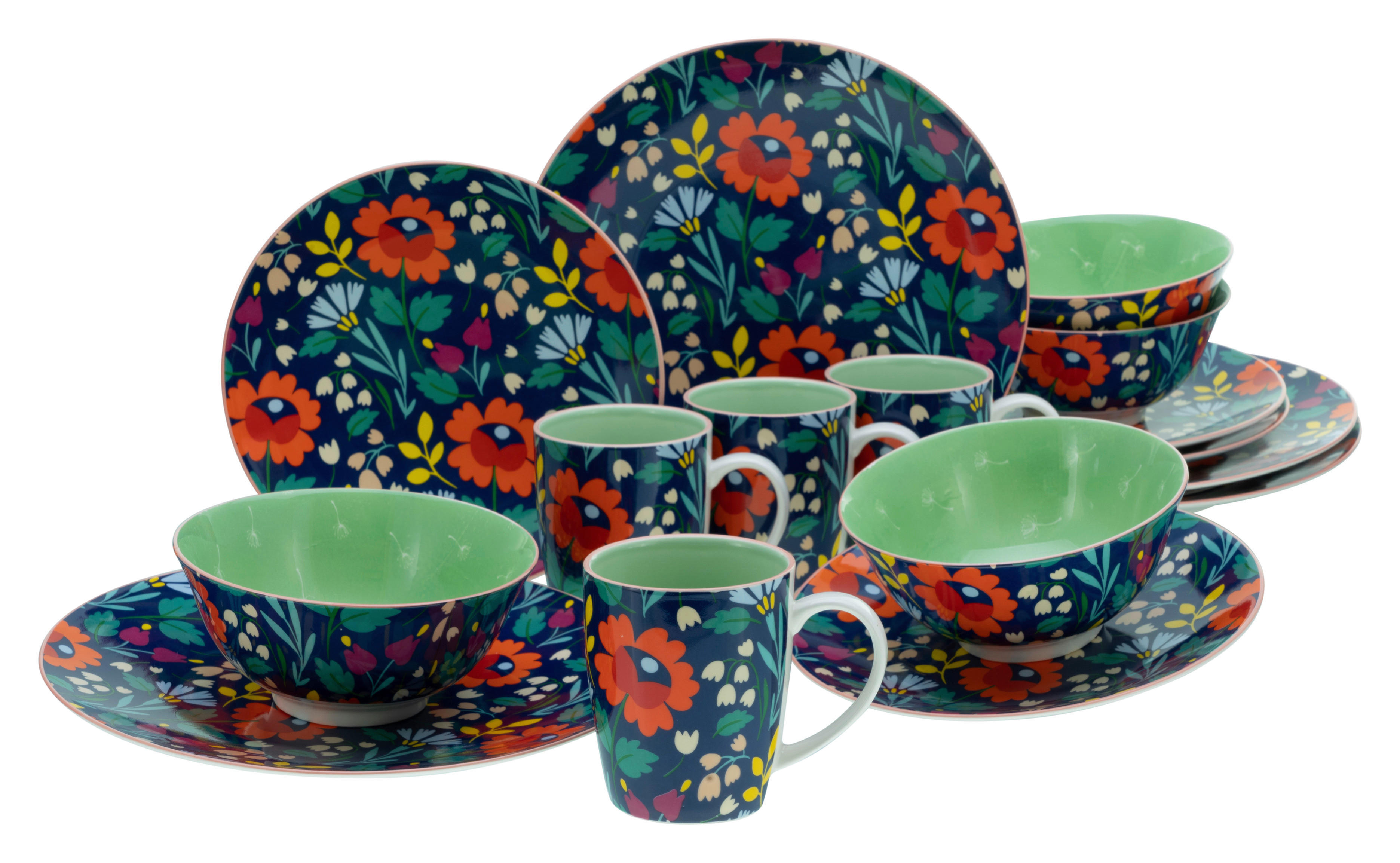 CreaTable Kombiservice Folklore blau Steinzeug 16 tlg. Folklore - blau - CreaTable