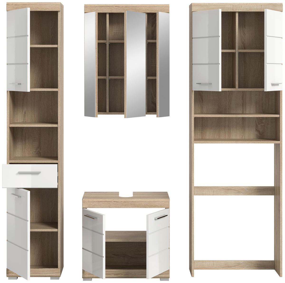 Badezimmer-Set Lambada Eiche Sonoma Nachbildung weiß Hochglanz B/H/T: ca. 190x191x34 cm Lambada - Eiche/weiß (190,00/191,00/34,00cm) - xonox.home