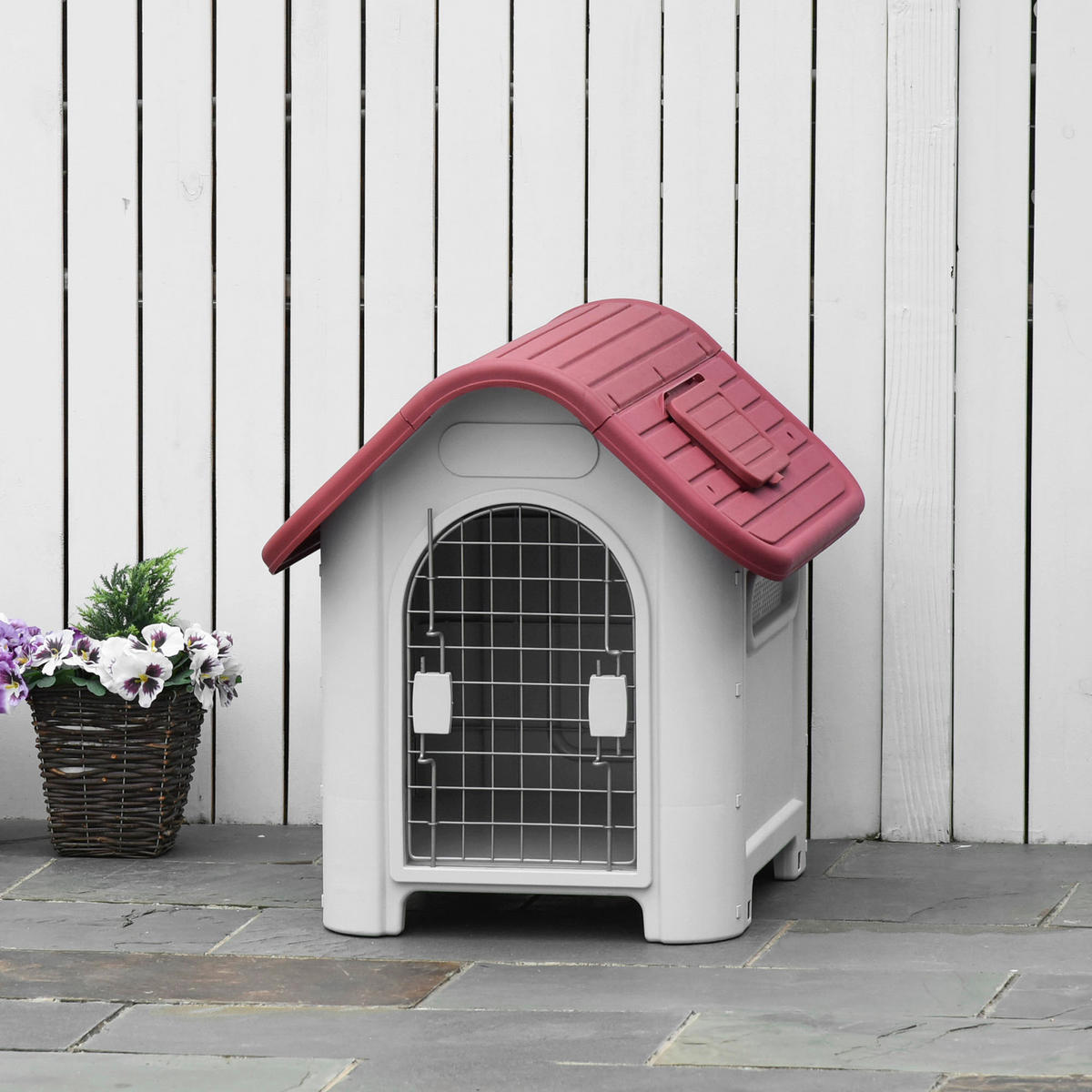PawHut Hundehütte rot Kunststoff B/H/L: ca. 75x66x59 cm Hundehütte - hellgrau/rot (59,00/75,00/66,00cm) - PawHut