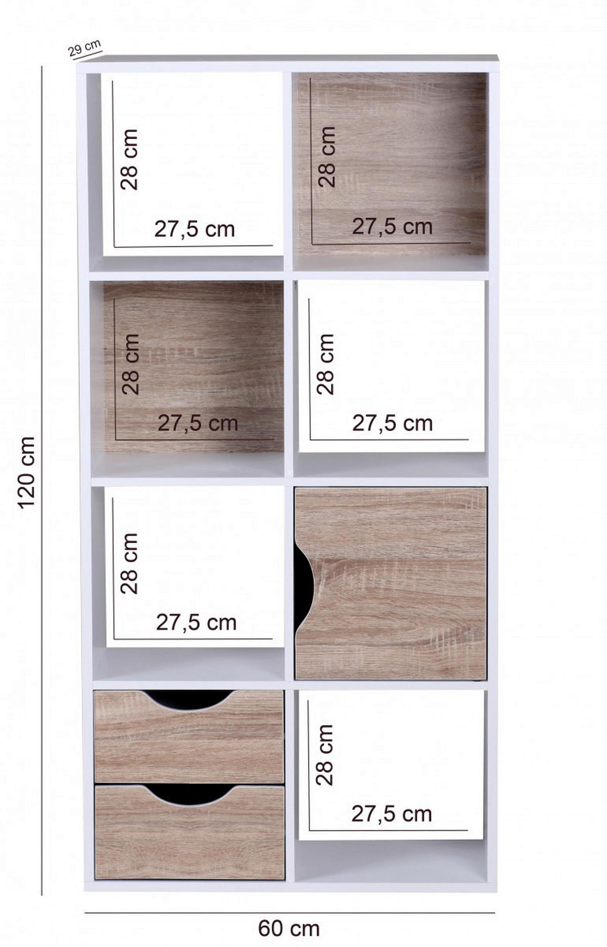Regal Eiche Sonoma Nachbildung weiß lackiert B/H/T: ca. 60x120x29 cm Bücherregal - Eiche/weiß (60,00/120,00/29,00cm) - Wohnling