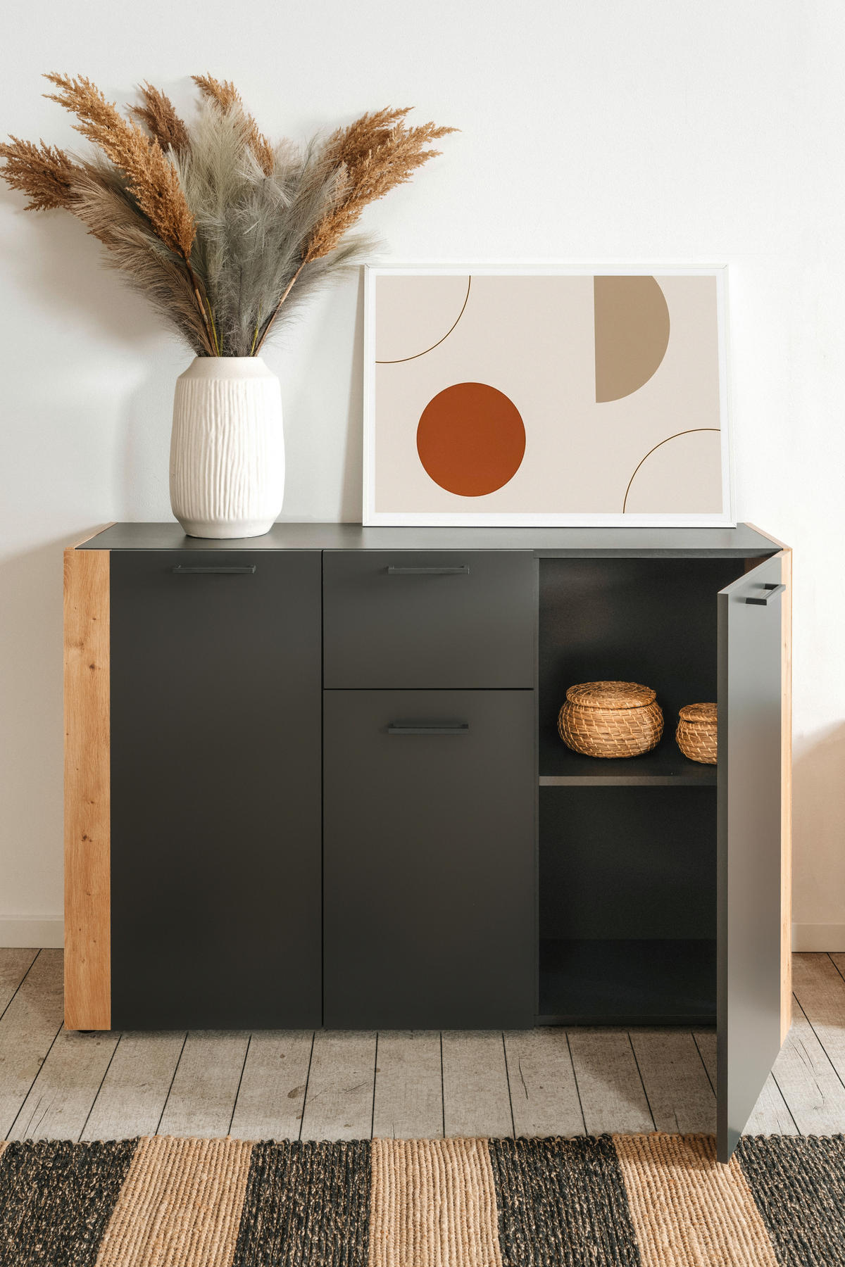 Kommode Cento anthrazit Eiche Artisan Oak Nachbildung B/H/T: ca. 126x83x35 cm Cento - Eiche/anthrazit (126,00/83,00/35,00cm)