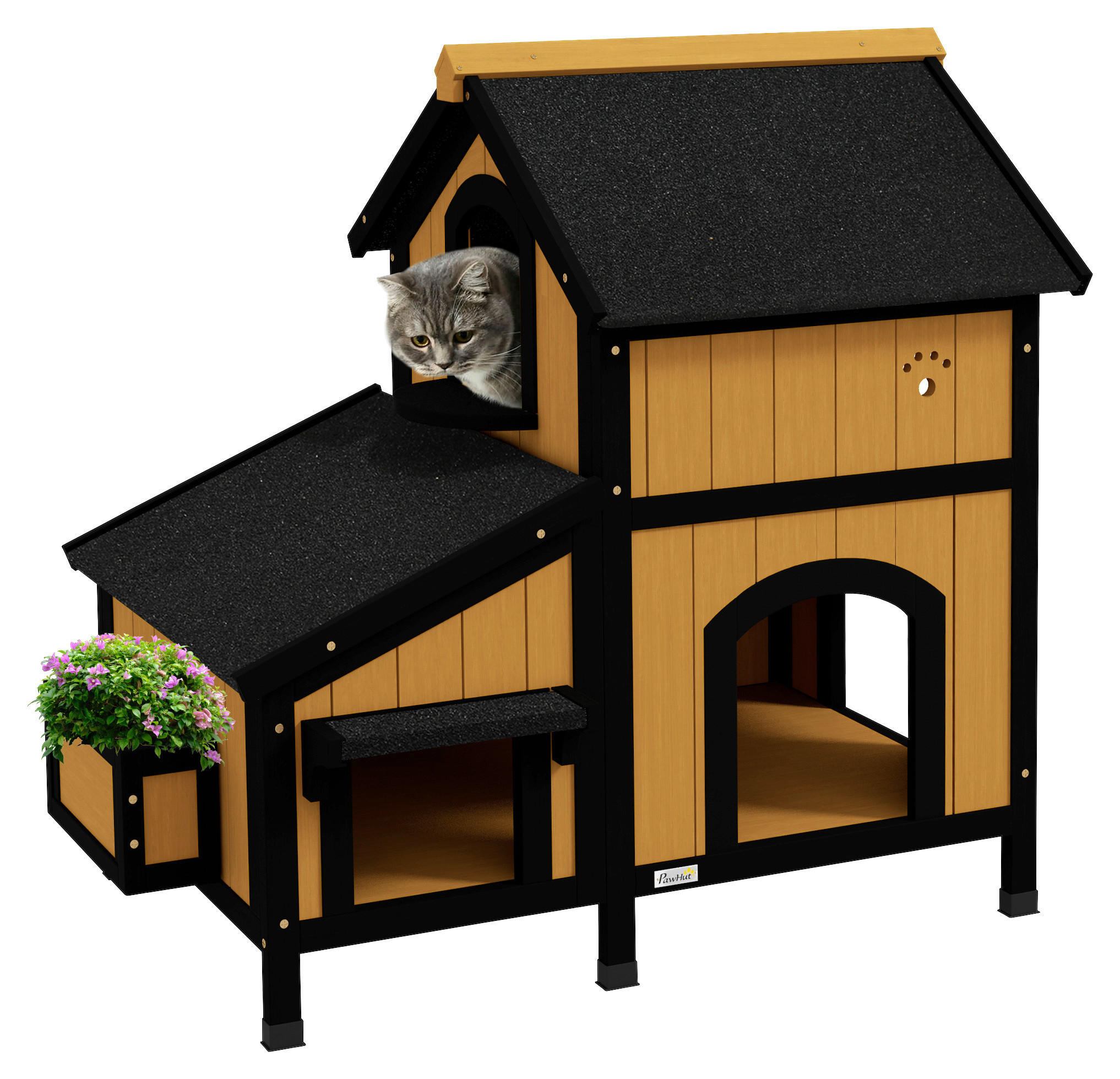 PawHut Katzen-Zubehör gelb Holz B/H/L: ca. 65x96x85,5 cm Katzenhaus - gelb (85,50/65,00/96,00cm) - PawHut