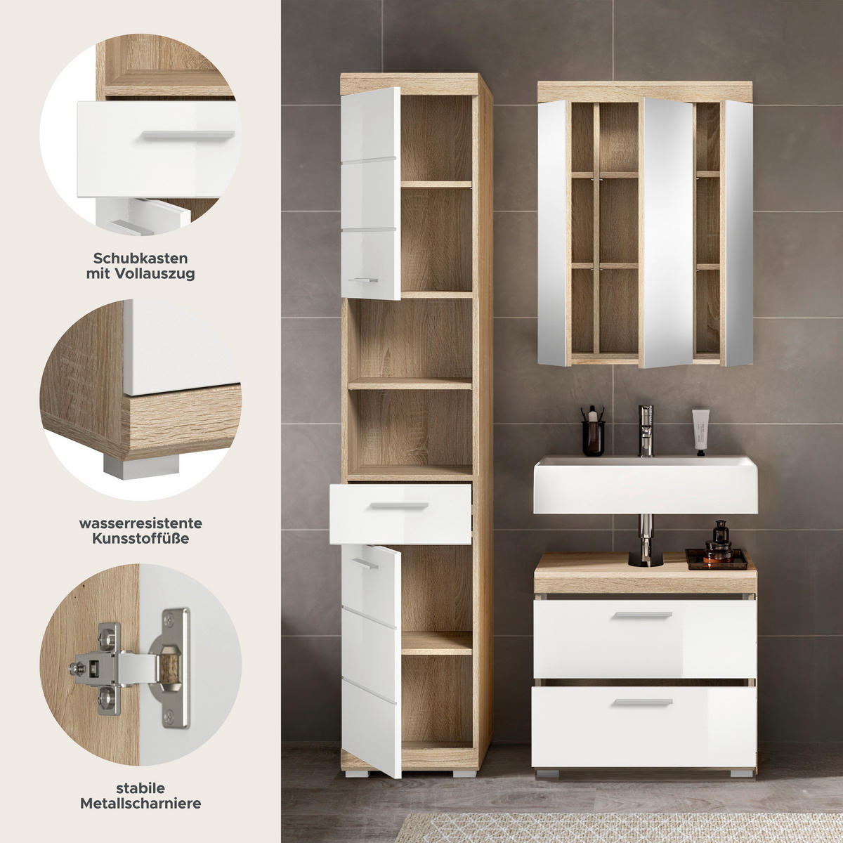 Badezimmer-Set Lambada Eiche Sonoma Nachbildung weiß Hochglanz B/H/T: ca. 112x191x37 cm Lambada - Eiche/weiß (112,00/191,00/37,00cm) - xonox.home