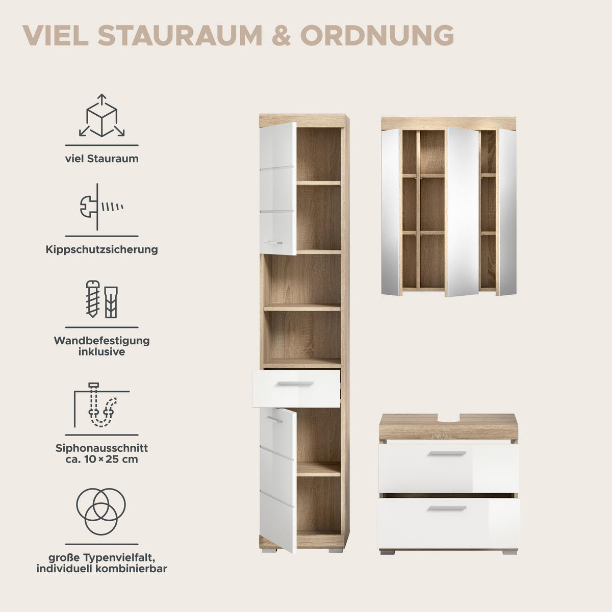 Badezimmer-Set Lambada Eiche Sonoma Nachbildung weiß Hochglanz B/H/T: ca. 112x191x37 cm Lambada - Eiche/weiß (112,00/191,00/37,00cm) - xonox.home