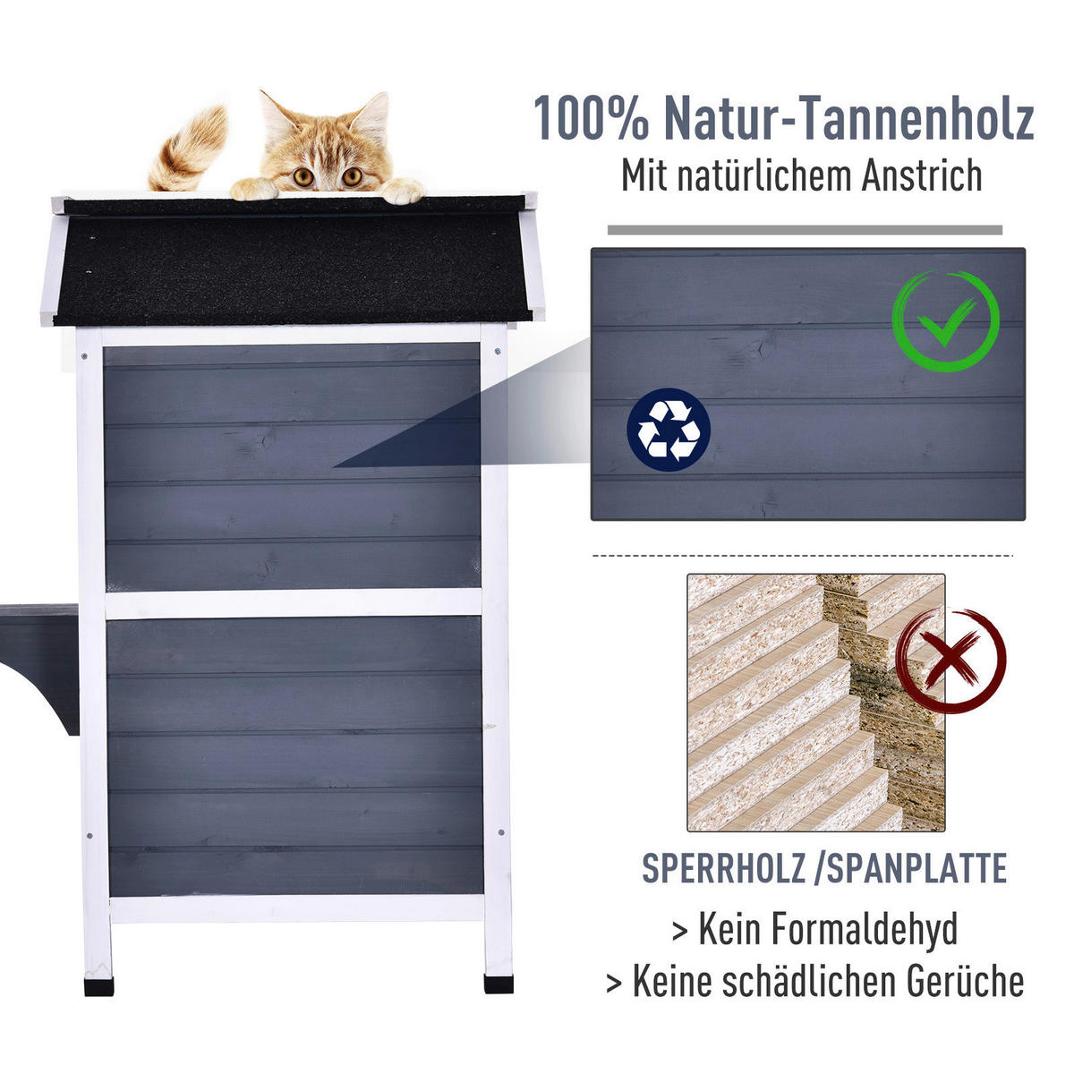 PawHut Katzenhaus grau Holz B/H/L: ca. 56x91x78 cm Katzenhaus - weiß/grau (78,00/56,00/91,00cm) - PawHut