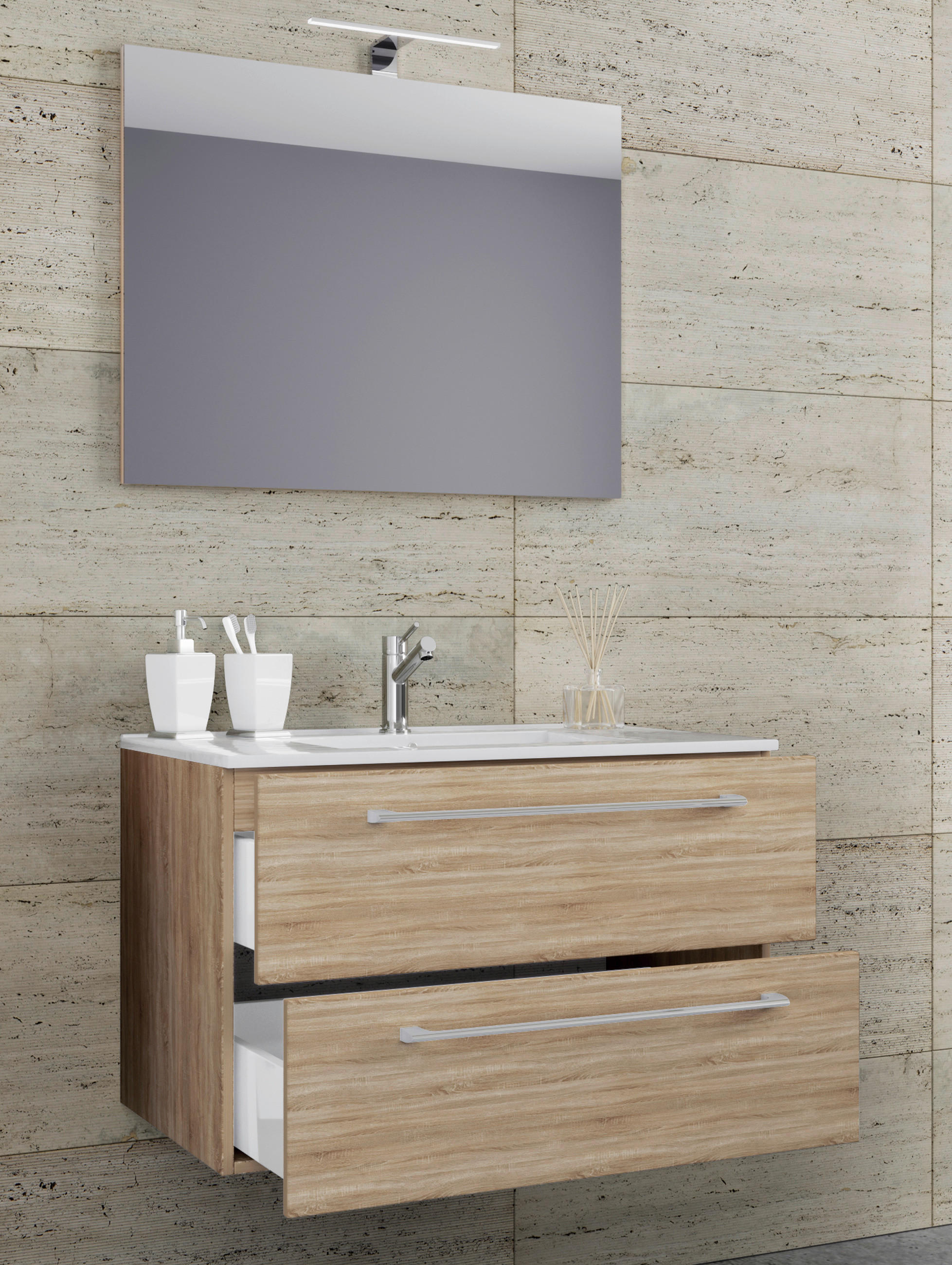 Waschplatz 3tlg-Badinos weiß Eiche Sonoma Nachbildung B/H/T: ca. 60x50x46 cm 3tlg-Badinos - Eiche/weiß (60,00/50,00/46,00cm) - VCM Möbel