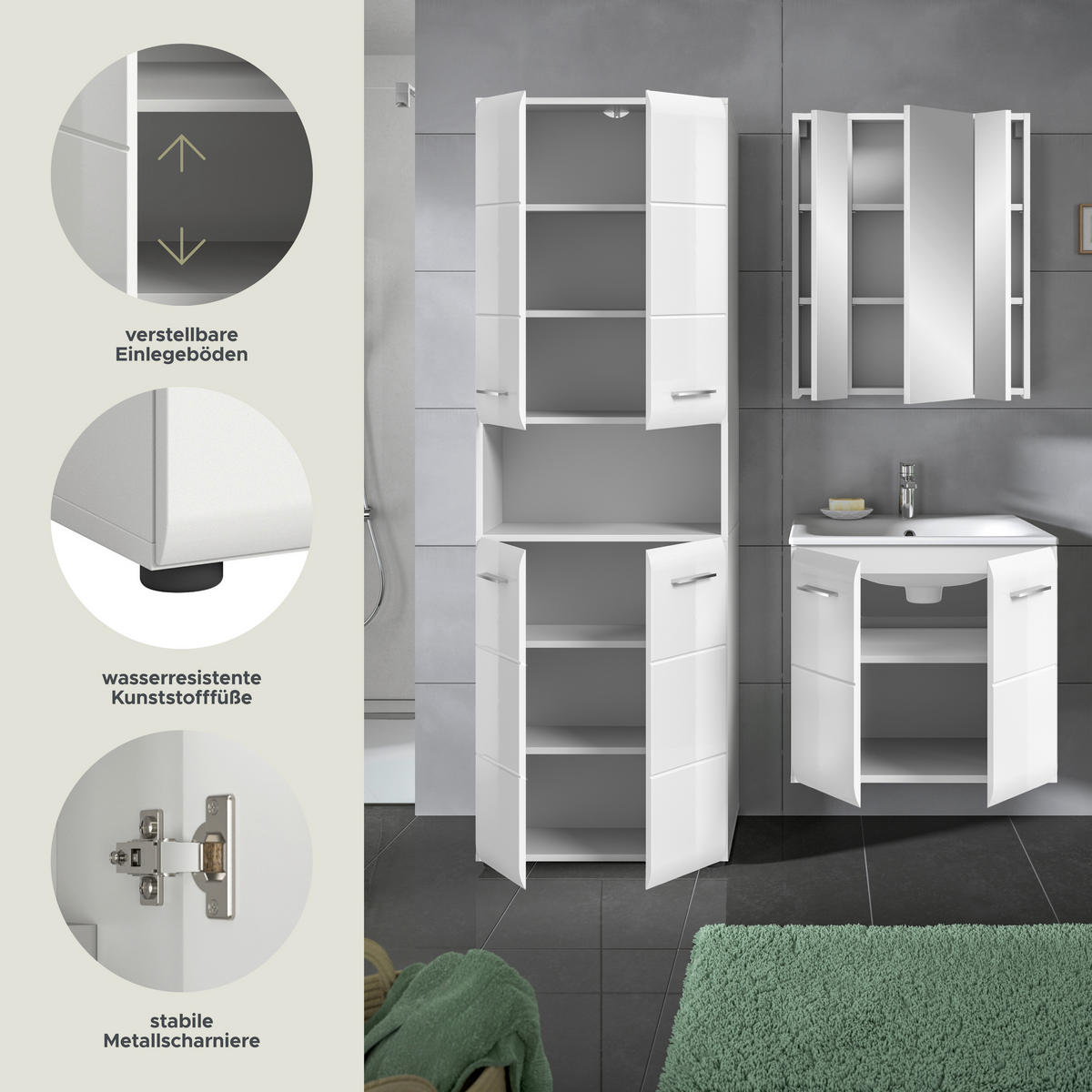 Badezimmer-Set Ice weiß weiß Hochglanz B/H/T: ca. 135x185x46 cm Ice - weiß (135,00/185,00/46,00cm) - xonox.home