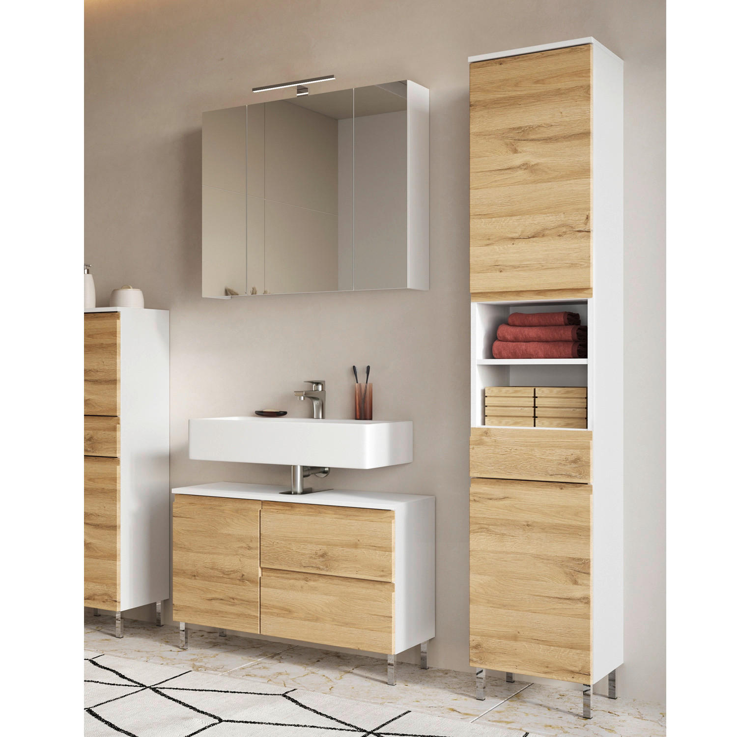 Badezimmer-Set 7954-559 weiß Eiche Grand-Son Nachbildung B/H/T: ca. 129x190x34 cm 7954-559 - Eiche/weiß (129,00/190,00/34,00cm) - Germania