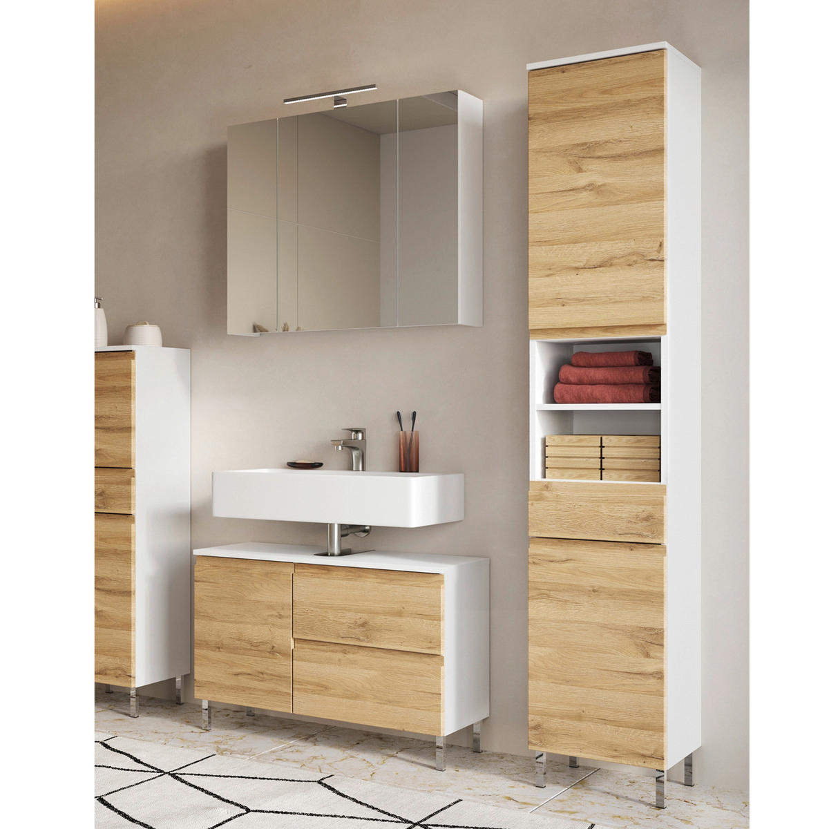 Badezimmer-Set 7954-559 weiß Eiche Grand-Son Nachbildung B/H/T: ca. 129x190x34 cm 7954-559 - Eiche/weiß (129,00/190,00/34,00cm) - Germania