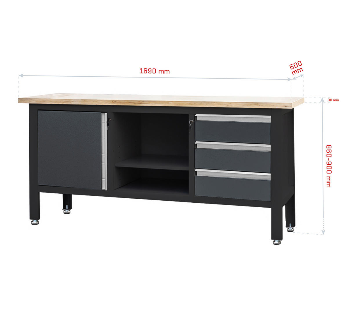 Feistos Werkbank Heros anthrazit Metall B/H/L: ca. 169x87x60 cm Heros - schwarz/anthrazit (60,00/169,00/87,00cm) - Feistos