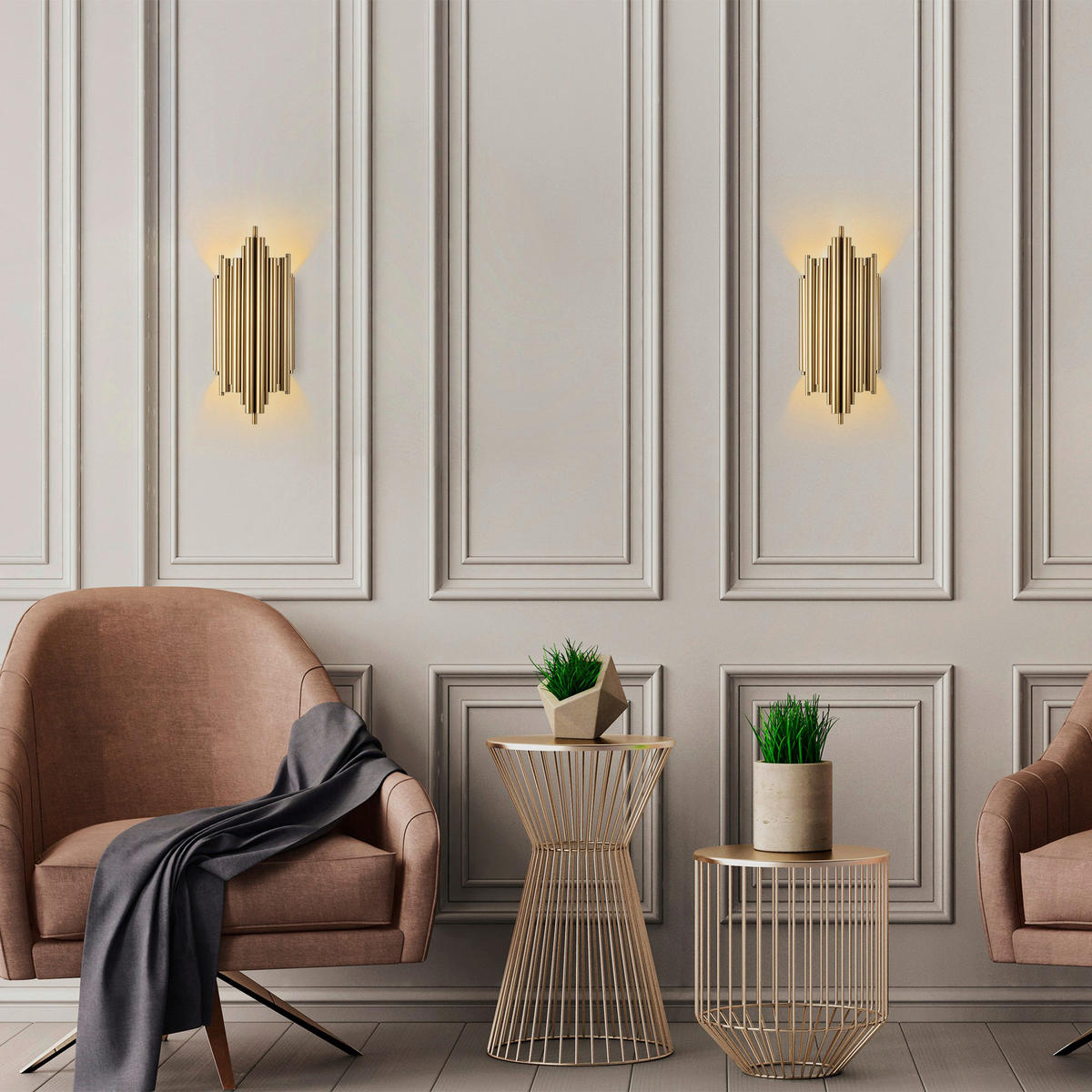 Opviq Wandleuchte Reis gold Metall B/H/T/L: ca. 22x50x22x11 cm E14 1 Brennstellen Reis - gold (11,00/22,00/50,00cm) - Opviq