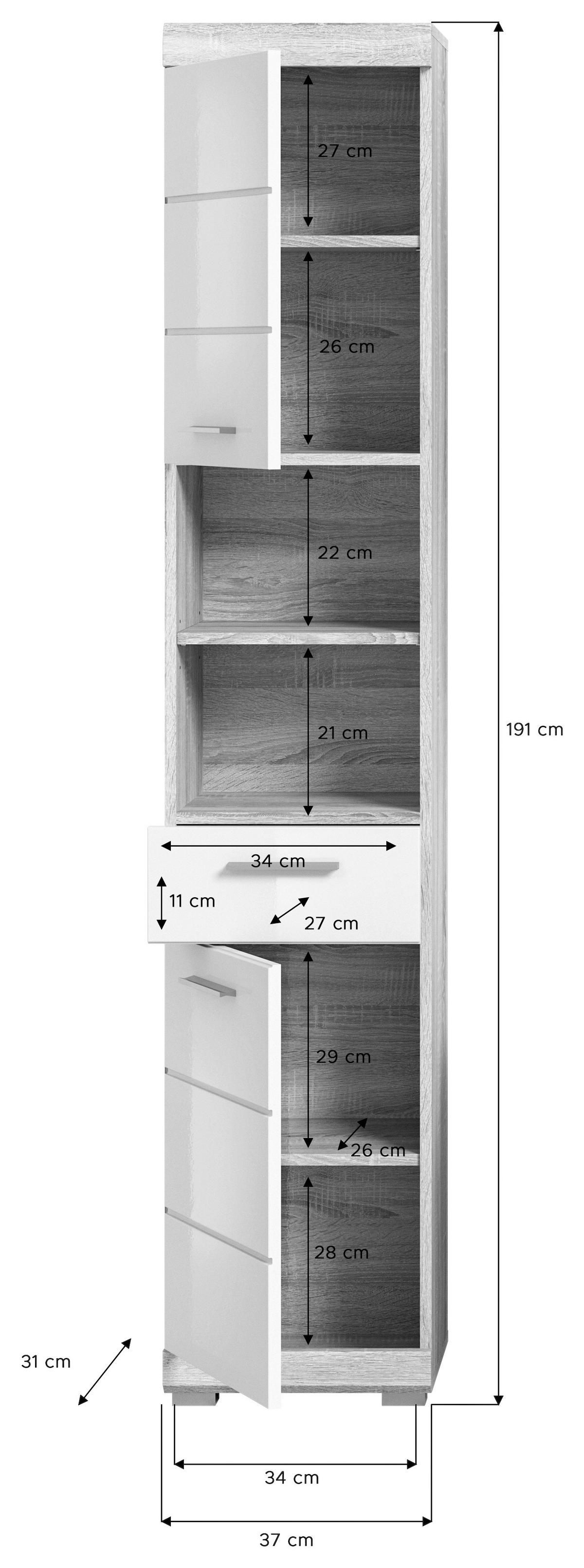 Badhochschrank LAMBADA Eiche Sonoma hell Nachbildung weiß Hochglanz B/H/T: ca. 37x191x31 cm LAMBADA - Eiche/weiß (37,00/191,00/31,00cm) - xonox.home