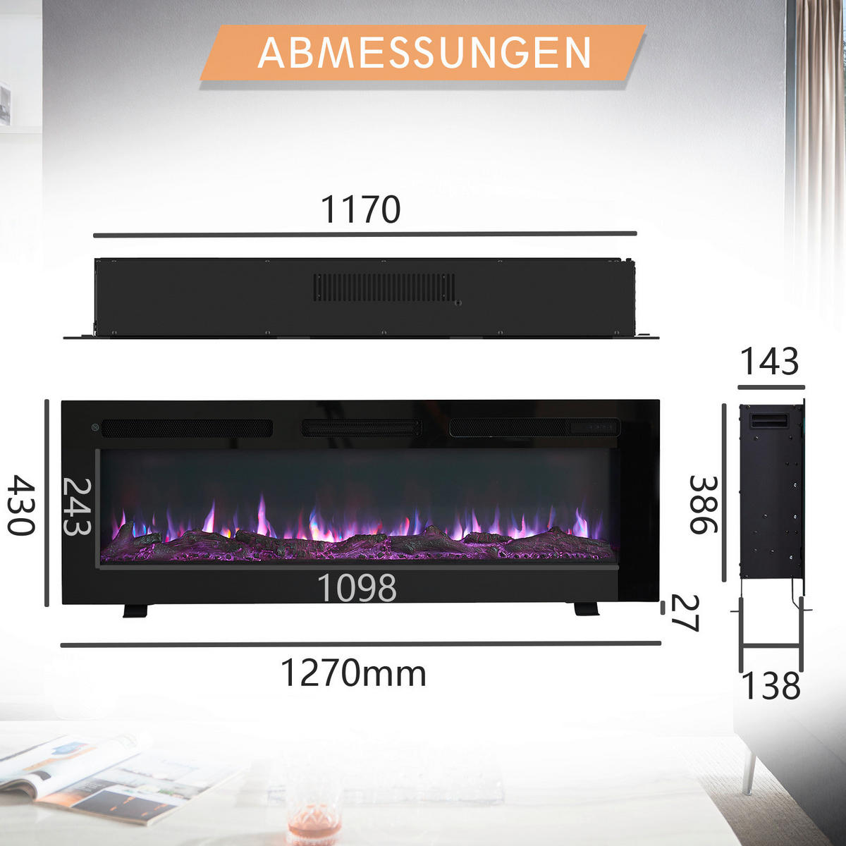 Balderia Elektrischer-Kamin Leif 50'' schwarz B/H/T: ca. 127x43x14,3 cm Elektrischer_Kamin Leif 50 - schwarz (127,00/43,00/14,30cm) - Balderia