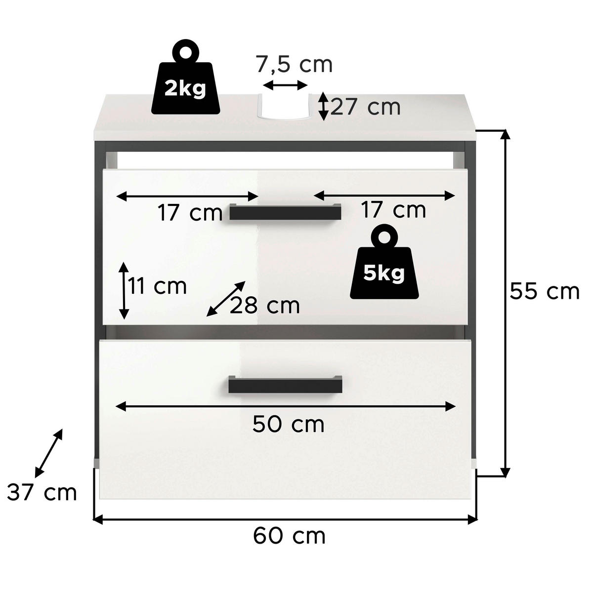 Waschbeckenunterschrank KOJAK weiß weiß Hochglanz anthrazit B/H/T: ca. 60x55x37 cm KOJAK - weiß/anthrazit (60,00/55,00/37,00cm) - xonox.home