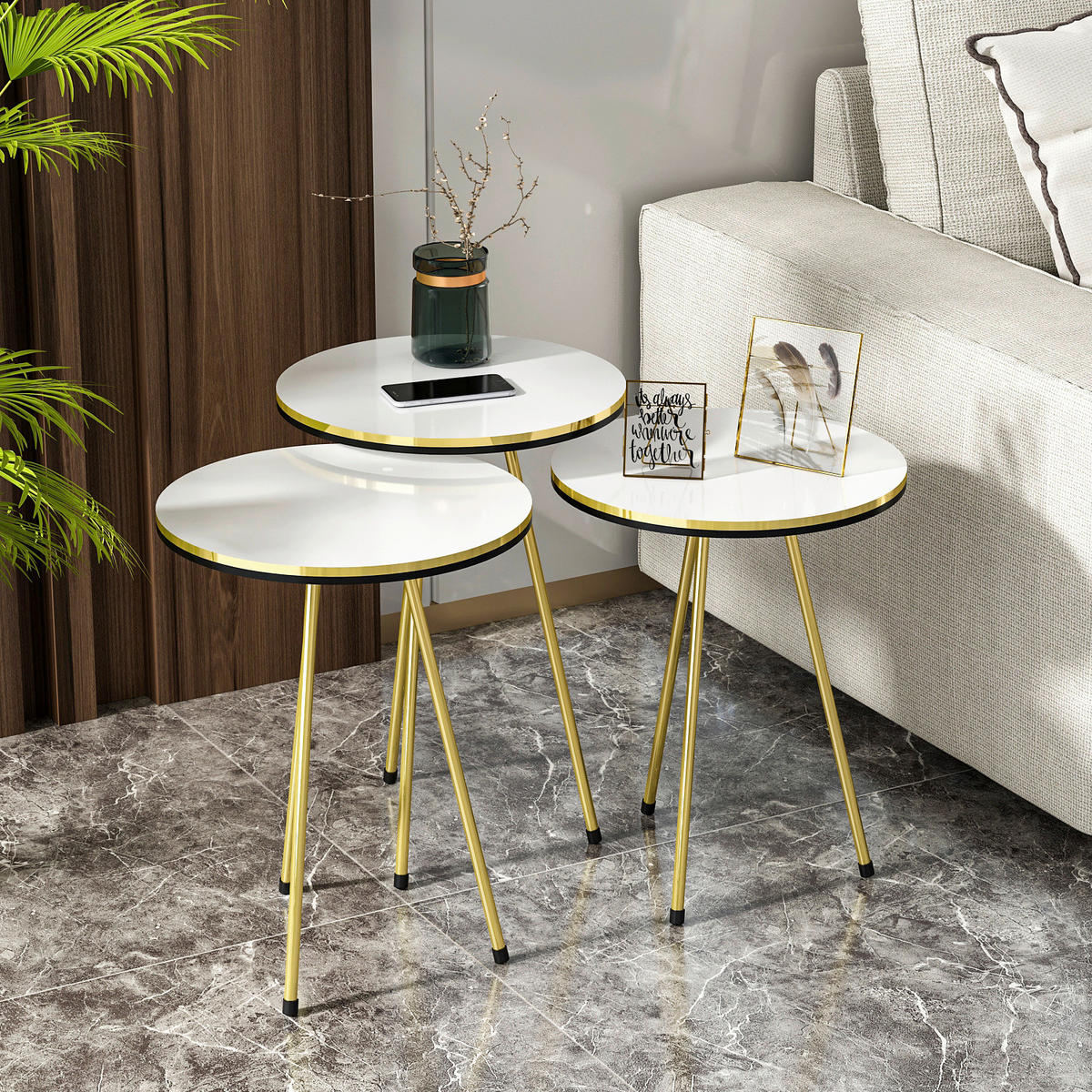 Beistelltisch 3er-Set. 21696306 weiß gold Optik Metall B/H/T: ca. 38x53,5x38 cm 3er-Set. 21696306 - gold/weiß (38,00/53,50/38,00cm) - moebel17