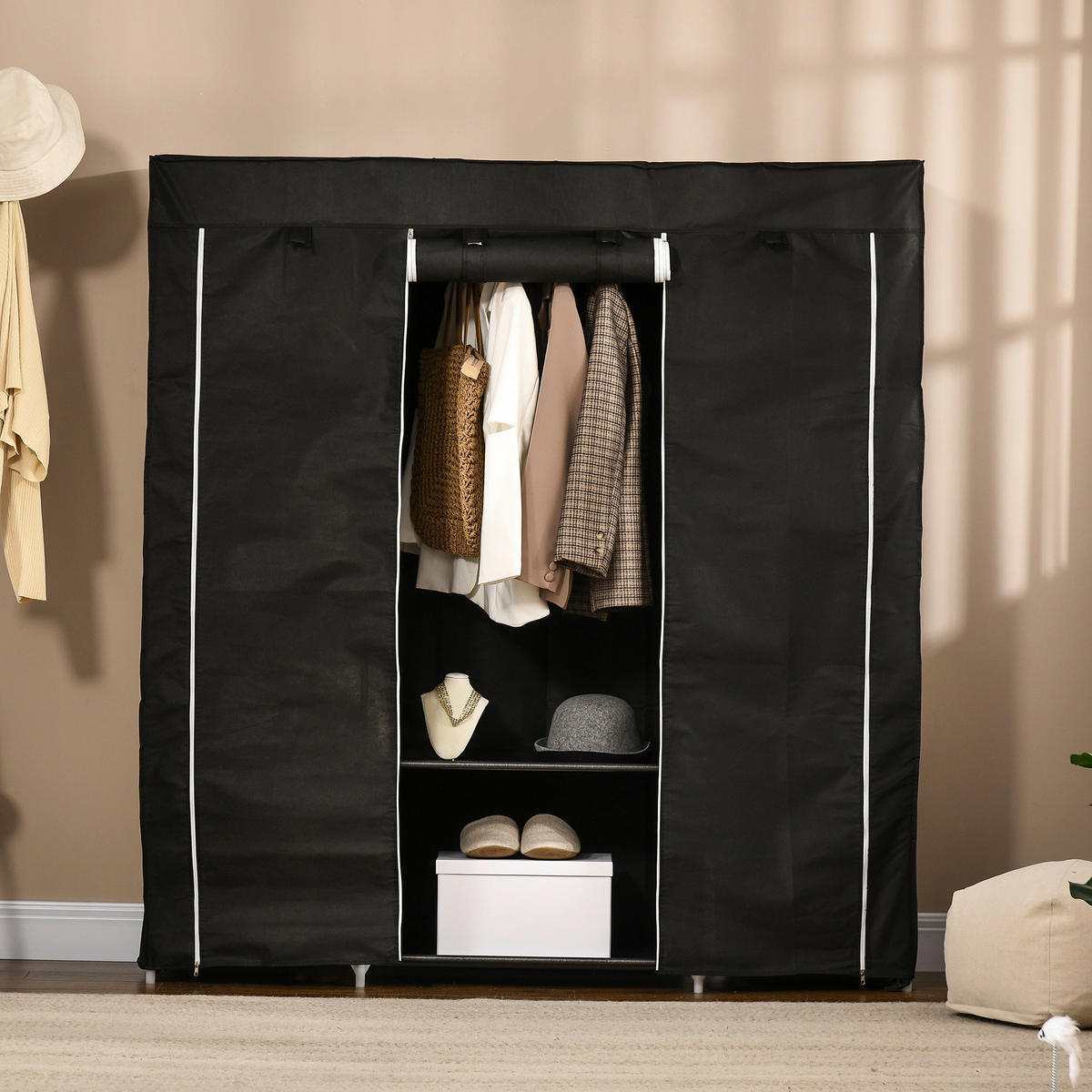 HOMCOM Kleiderschrank schwarz Edelstahl B/H/L: ca. 43x150x162,5 cm Stoffschrank - schwarz (162,50/43,00/150,00cm) - HOMCOM