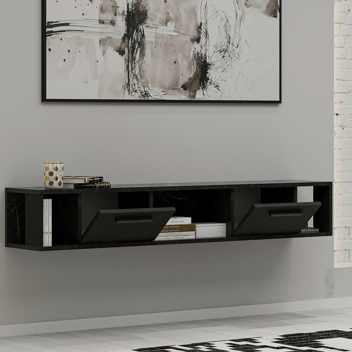 TV-Lowboard Aldora schwarz Marmoroptik B/H/T: ca. 160x30x30 cm Aldora - schwarz/Marmoroptik (160,00/30,00/30,00cm) - moebel17
