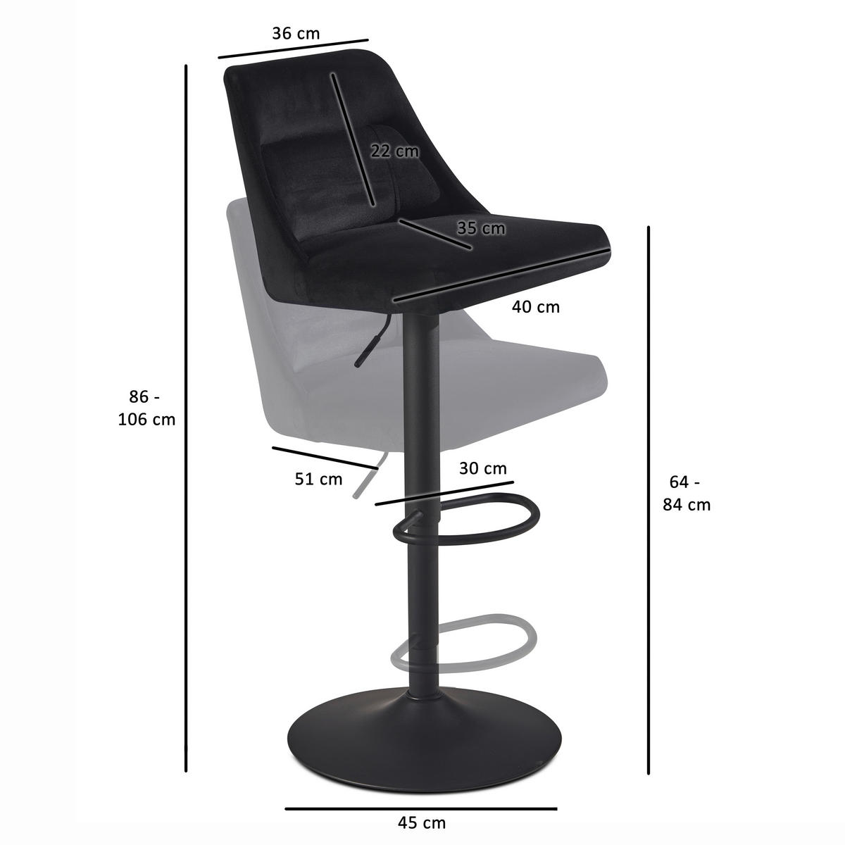 Barhocker schwarz schwarz Samt Eisen B/H/T: ca. 45x106x51 cm Barhocker - schwarz (45,00/106,00/51,00cm) - Wohnling