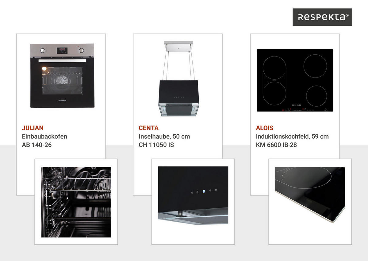 Respekta Inselküche Gabriel grau Hochglanz B/H/T: ca. 290x200x60 cm Gabriel - Eiche/weiß (290,00/200,00/60,00cm) - Respekta