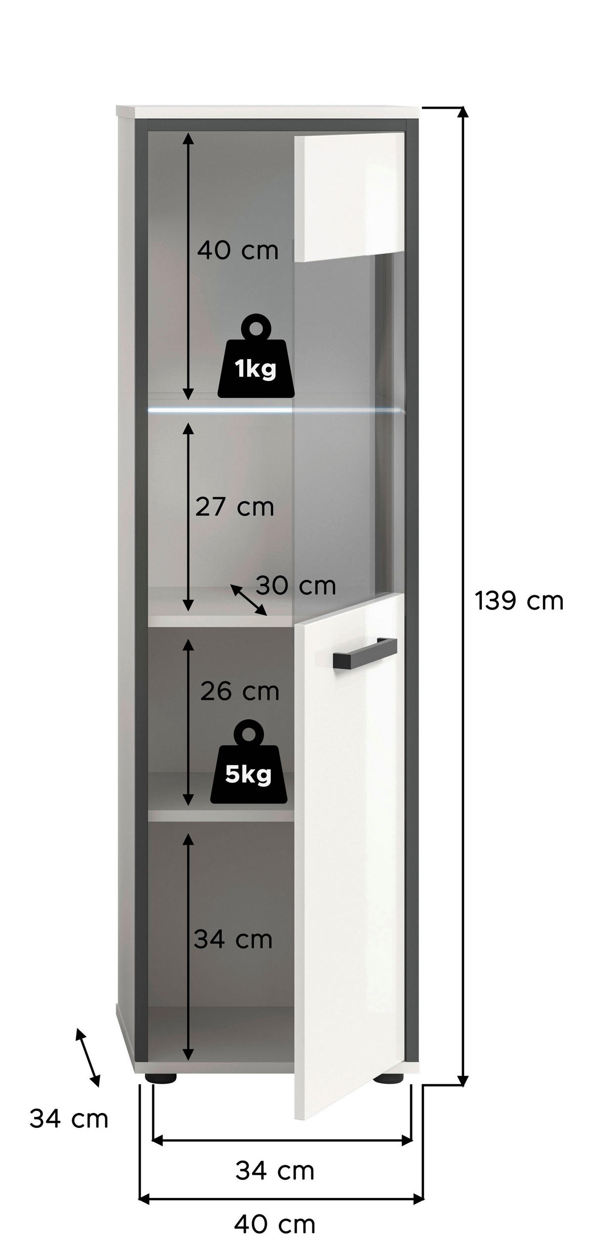 Midischrank KOJAK weiß Hochglanz anthrazit grau B/H/T: ca. 40x139x34 cm KOJAK - weiß/anthrazit (40,00/139,00/34,00cm) - xonox.home
