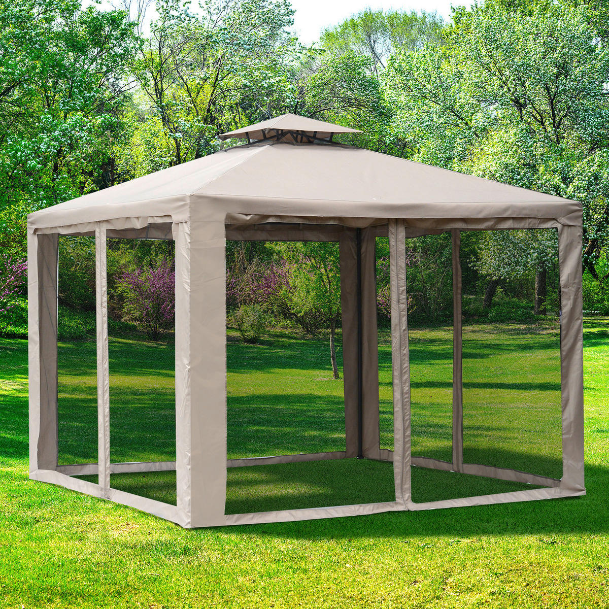 Outsunny Gartenpavillon beige Metall B/H/L: ca. 295x263x295 cm Gartenpavillon_mit_Moskitonetz - beige (295,00/295,00/263,00cm) - Outsunny