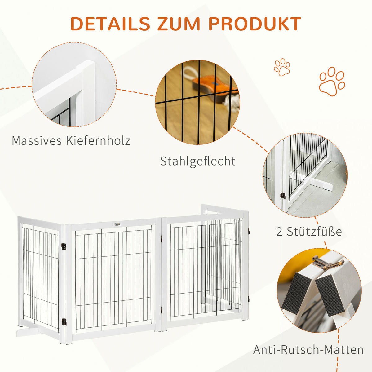 PawHut Absperrgitter weiß Stahl B/H/L: ca. 35,5x82x305 cm Absperrgitter - weiß/schwarz (305,00/35,50/82,00cm) - PawHut