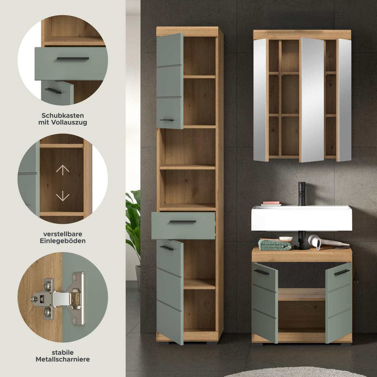 Badezimmer-Set Scout Eiche Artisan Nachbildung salbei Nachbildung B/H/T: ca. 112x191x34 cm Scout - Eiche/salbei (112,00/191,00/34,00cm) - xonox.home