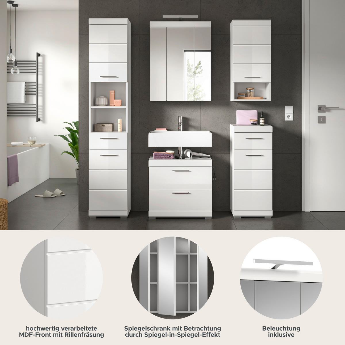 Badezimmer-Set Scout weiß weiß Hochglanz B/H/T: ca. 164x191x37 cm Scout - weiß (164,00/191,00/37,00cm) - xonox.home