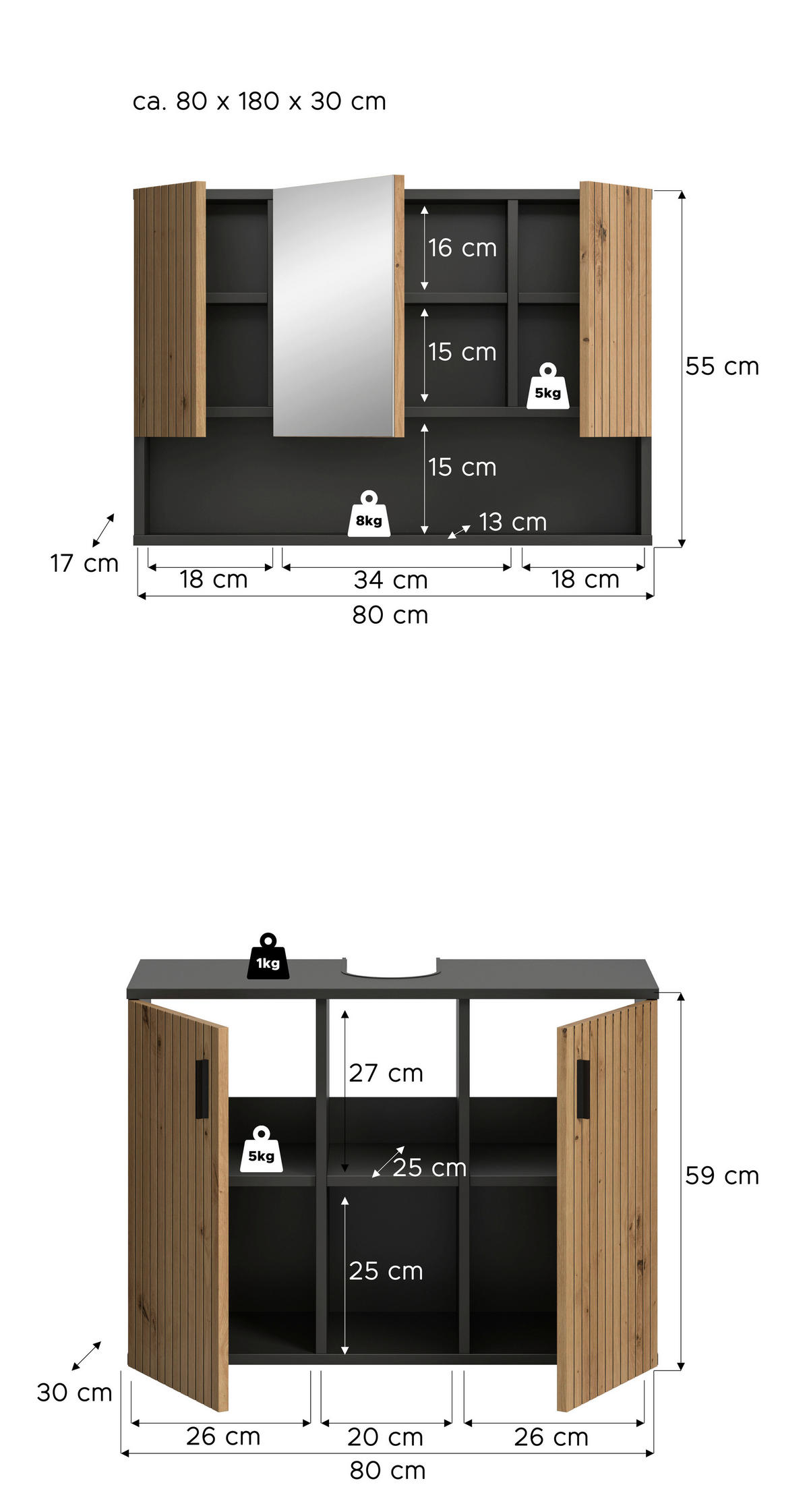 Badezimmer-Set Mone Basalt Nachbildung Artisan Oak Nachbildung B/H/T: ca. 80x180x30 cm Mone - Basalt (80,00/180,00/30,00cm) - xonox.home
