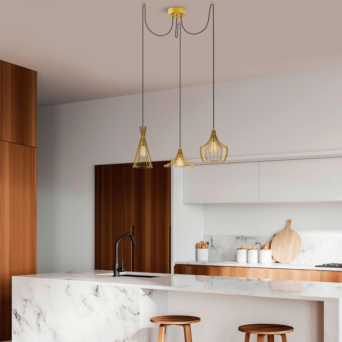 Opviq Pendelleuchte Mezopotamya gold B/H/T/L/D: ca. 114x130x114x114x114 cm E27 3 Brennstellen Mezopotamya - gold (114,00/114,00/130,00cm) - Opviq