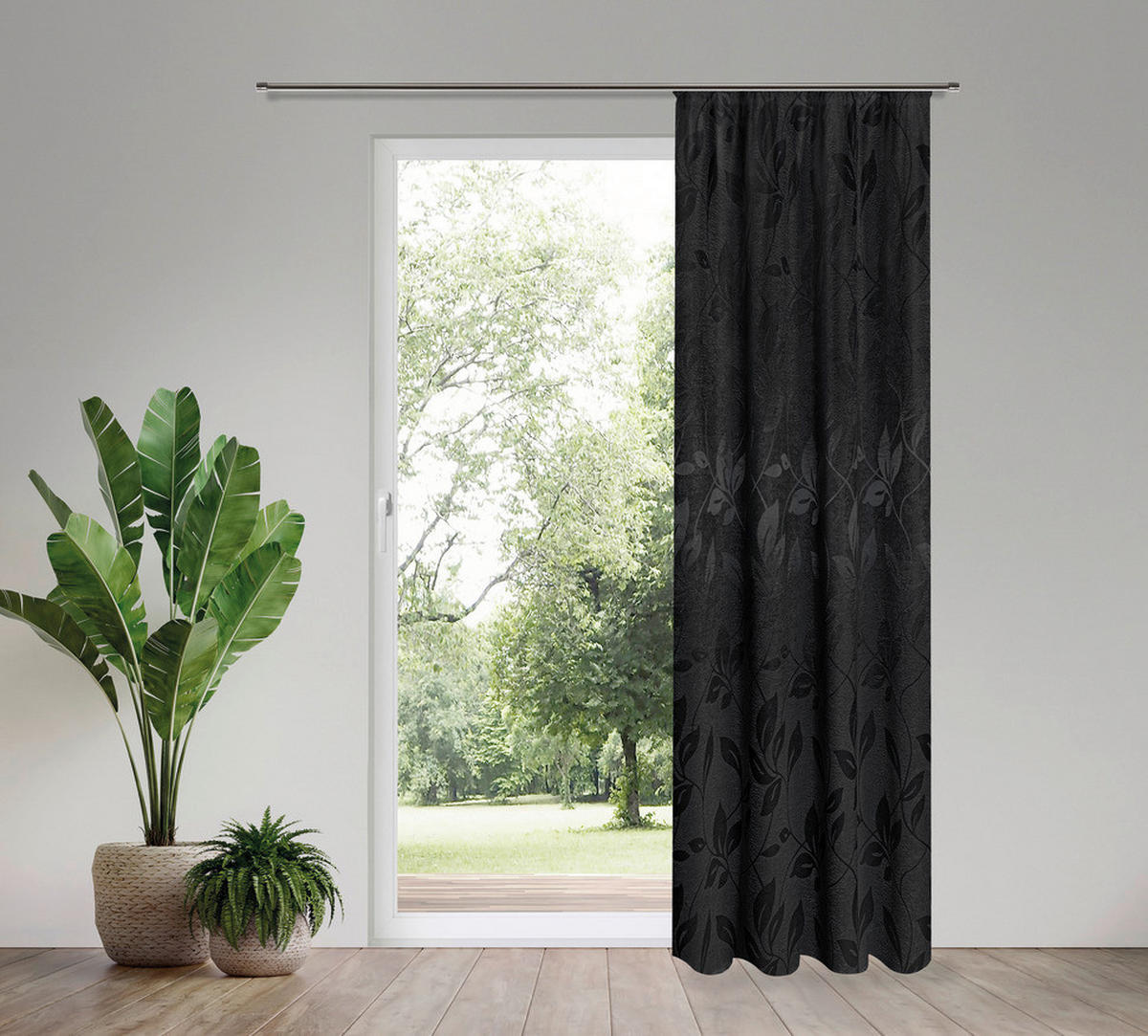 Dekovorhang Blätter silber B/L: ca. 140x245 cm Blätter - schwarz/silber (140,00/245,00cm) - Happy Home