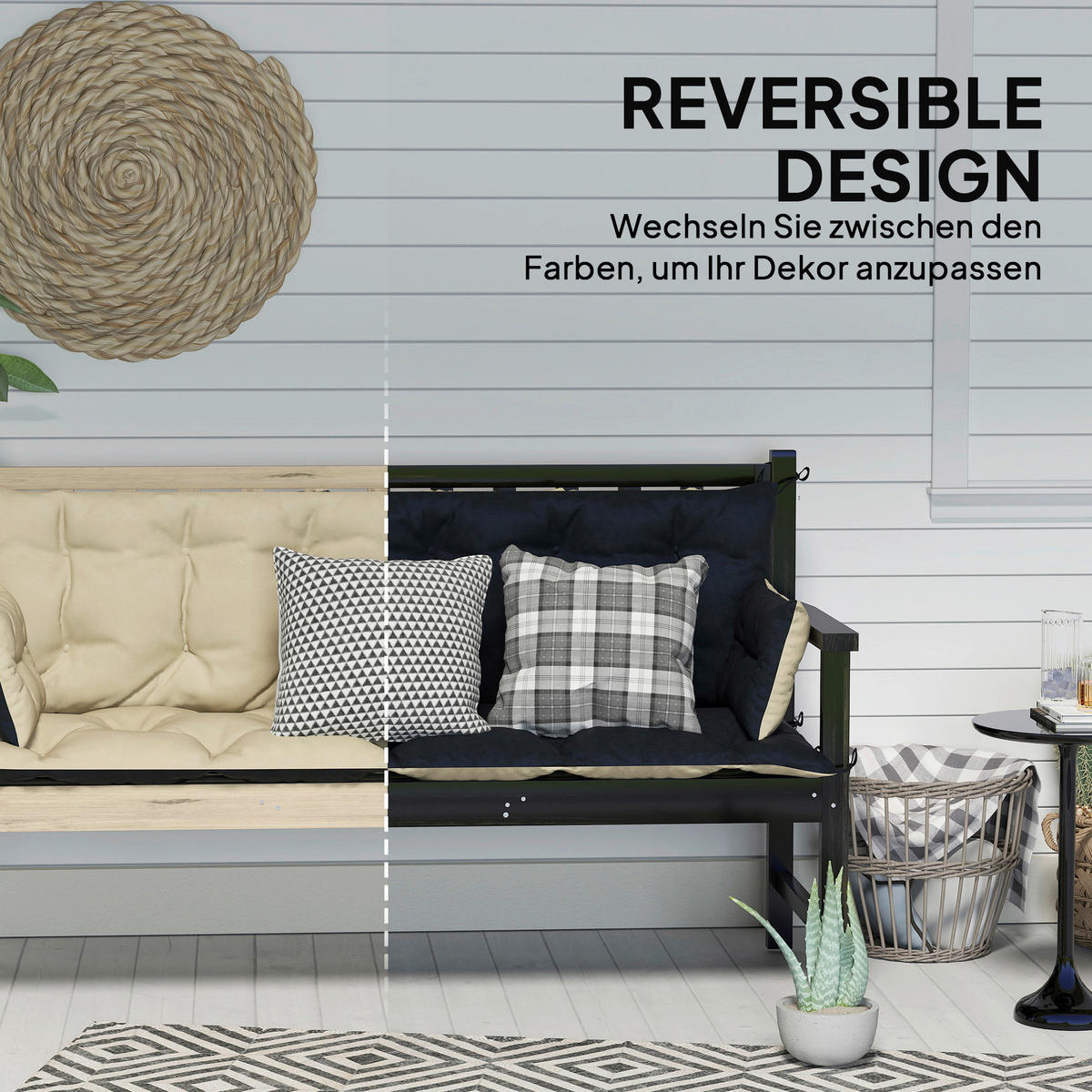 Outsunny Sitzkissen-Set beige Polyester B/H/L: ca. 110x8x180 cm Sitzkissen-Set - beige/schwarz (180,00/110,00/8,00cm) - Outsunny