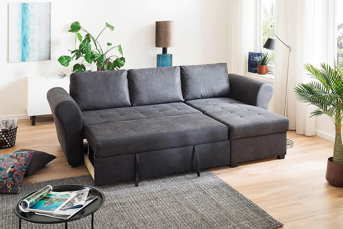 Ecksofa mit Bettfunktion und Bettkasten anthrazit B/H/T: ca. 260x89x155 cm Lasse_2F/REC/BK_Ecksofa - schwarz/anthrazit (260,00/89,00/155,00cm)